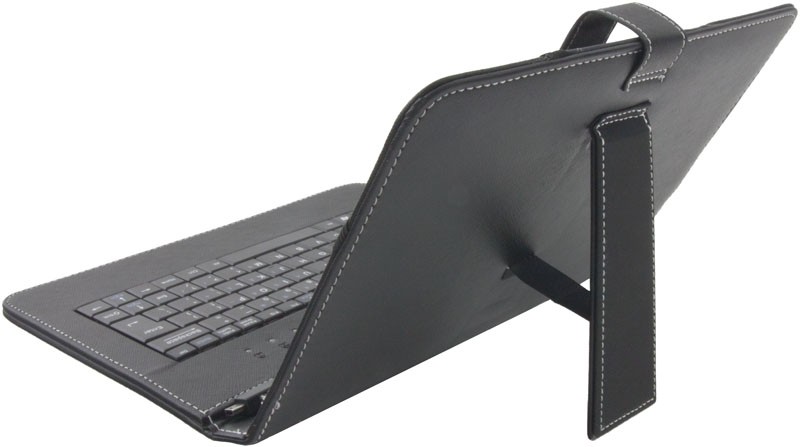 Schwarze Tablet-Hülle mit Tastatur. Die Hülle ist geöffnet, mit einem Ständer aufgestellt.
