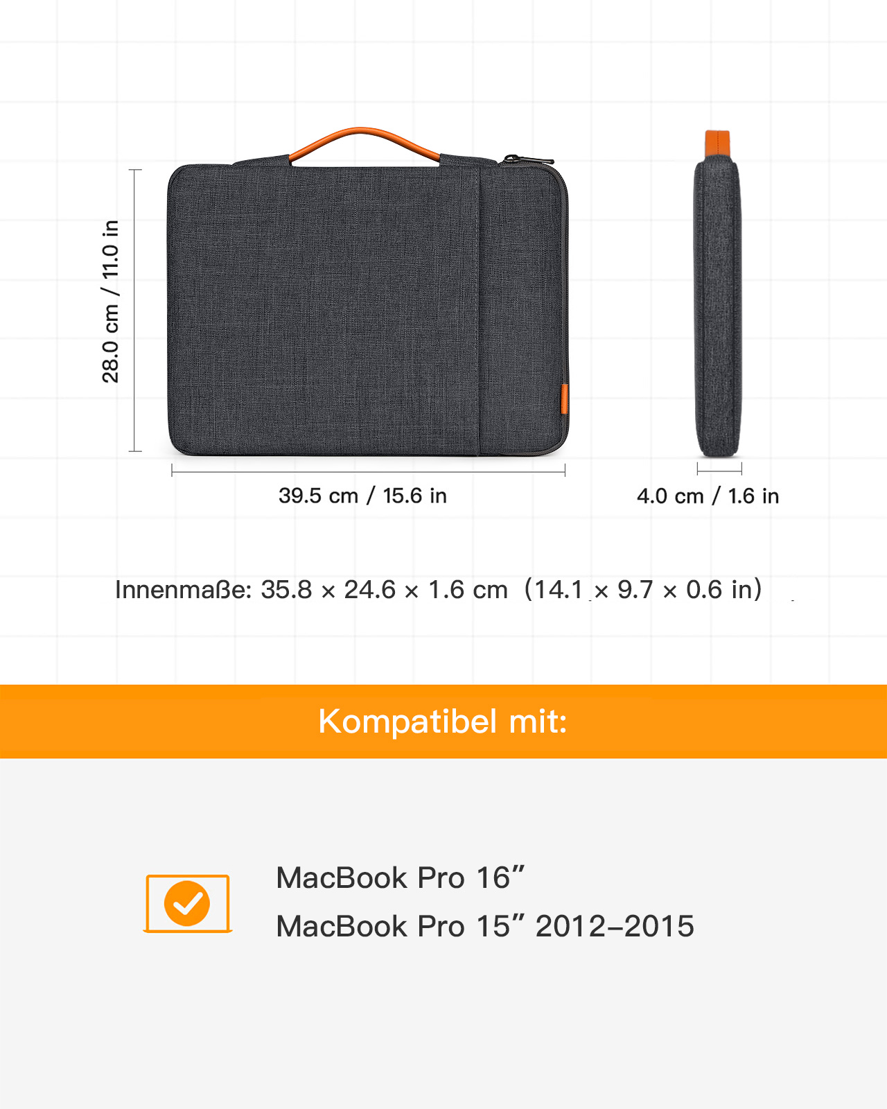 Graue Laptoptasche mit Abmessungen. MacBook Pro 16" und 15" kompatibel.
