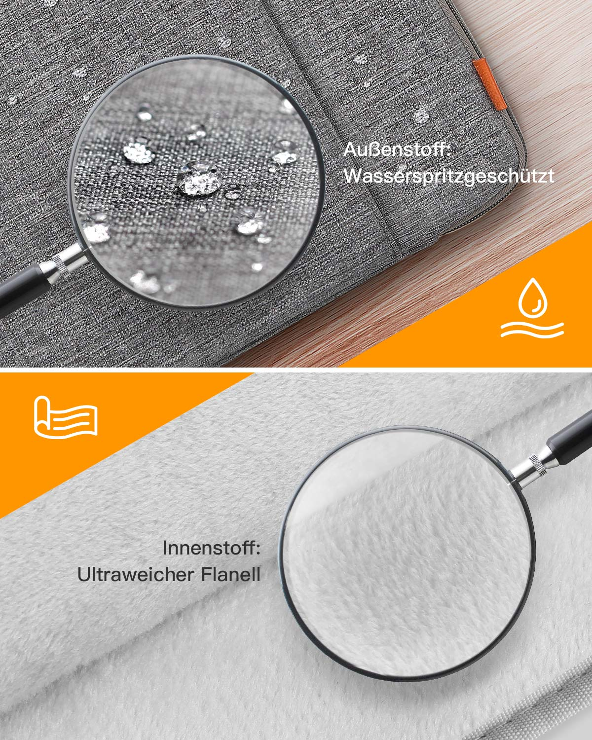 Vergrößerte Ansicht einer grauen Laptopoberfläche mit Wassertropfen und einer weißen, weichen Oberfläche.