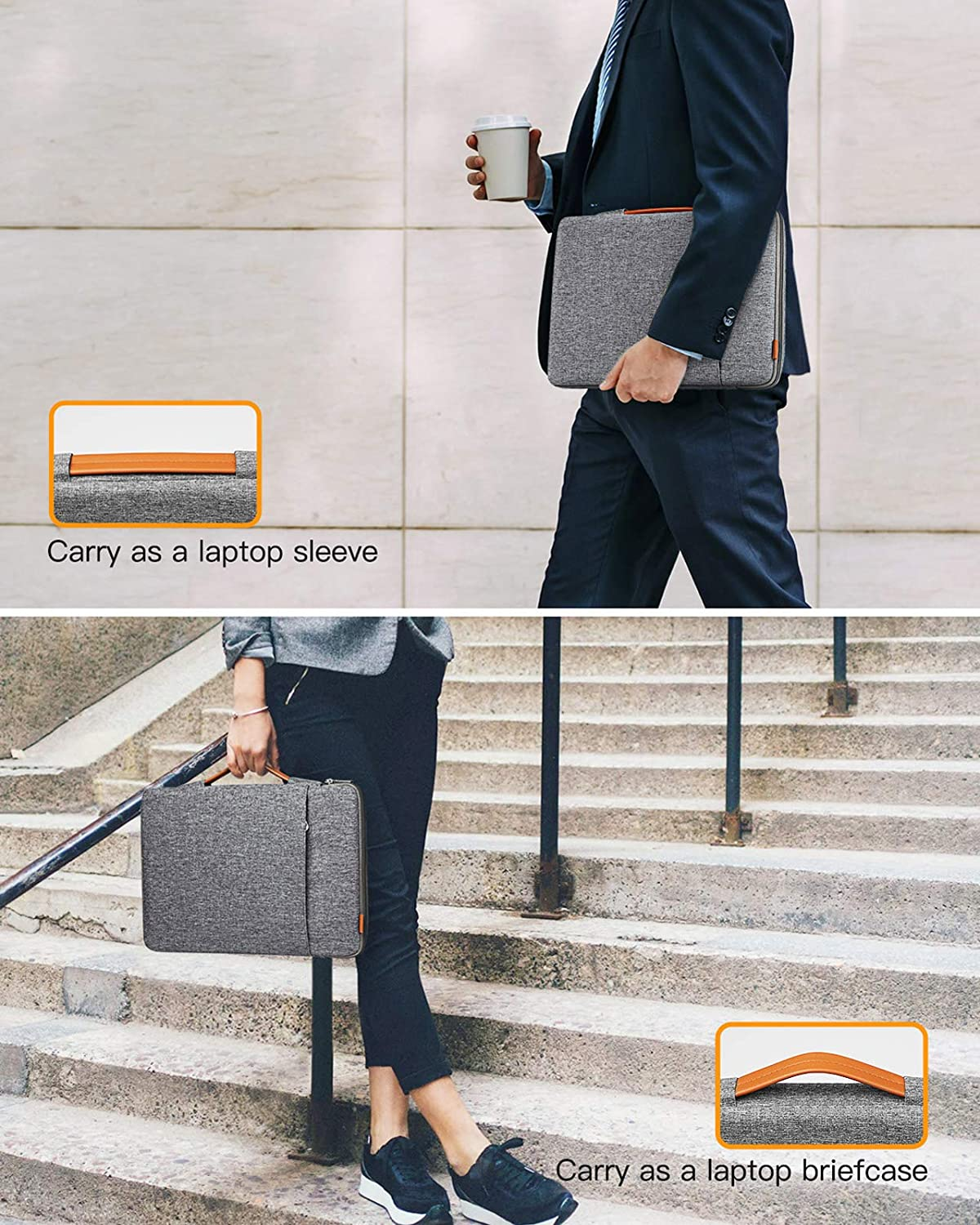 Eine Person trägt eine graue Laptop-Hülle als Laptophülle und Aktentasche auf Treppen.
