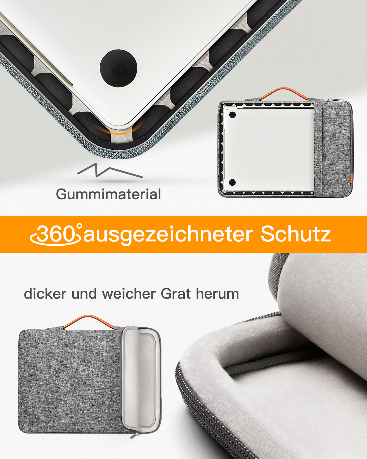 Laptoptasche mit Laptop und Nahaufnahme der Schutzpolsterung.