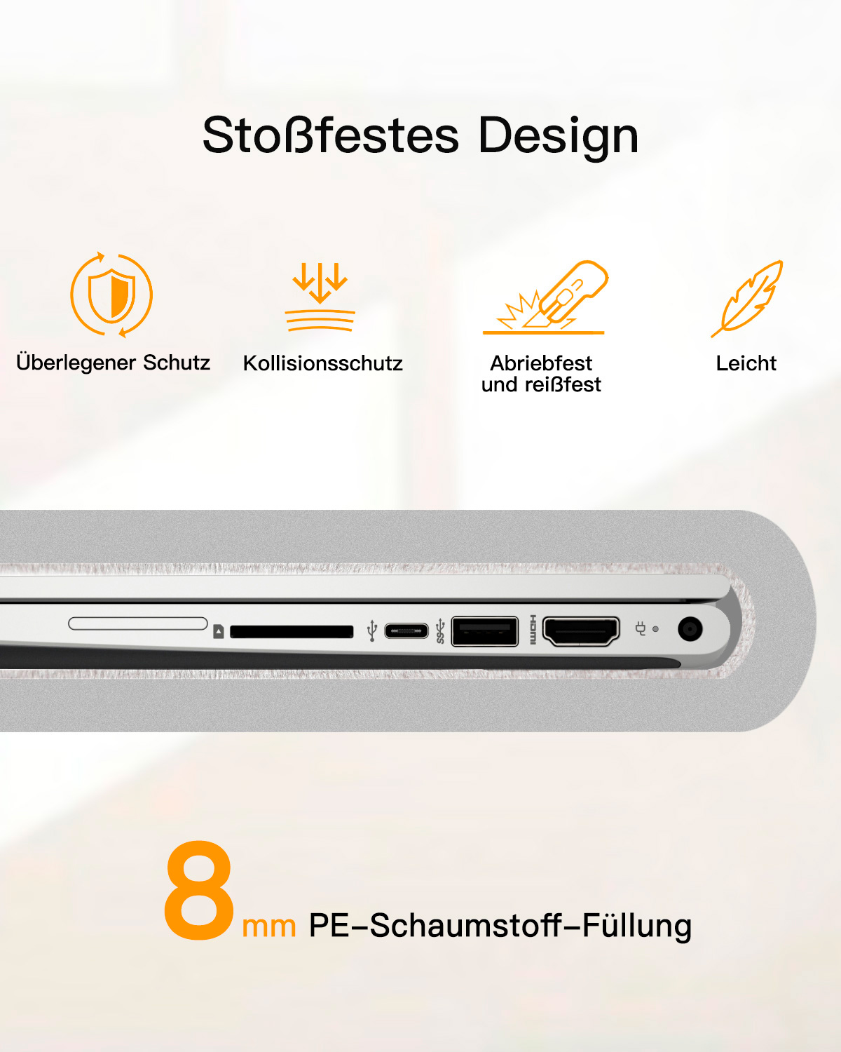 Laptop mit Schutzfunktionen. Text sagt 'Stoßfestes Design'. Symbole zeigen Schutz.