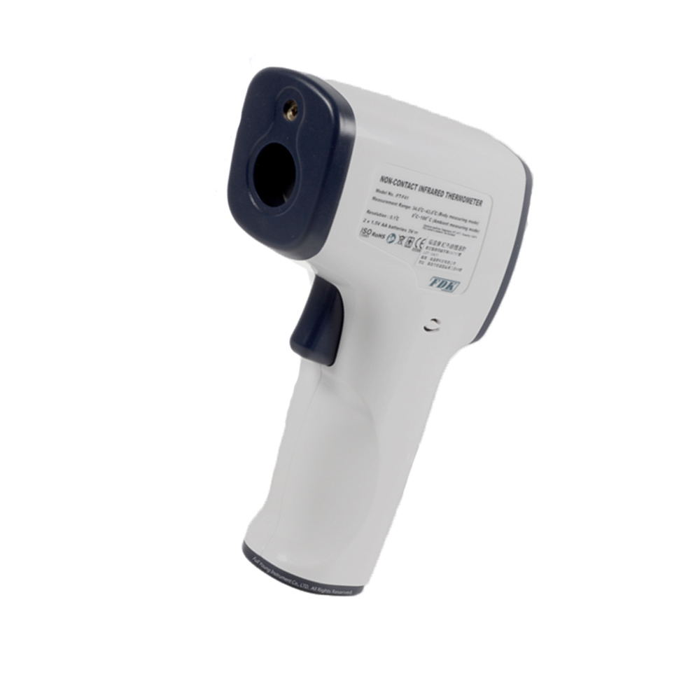 Ein weißes und blaues berührungsloses Infrarot-Thermometer. Es hat einen Auslöser und ein digitales Display.