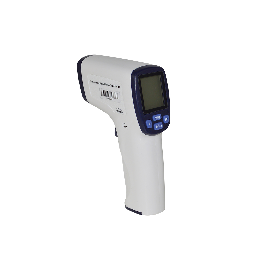 Ein weißes und blaues digitales Thermometer auf weißem Hintergrund.
