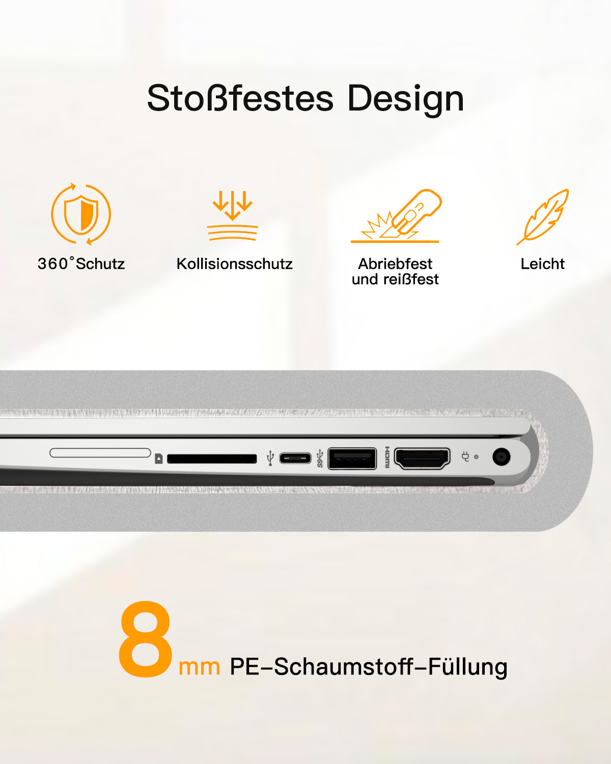 Laptop mit Schutzhülle. Die Hülle hat sichtbare Anschlüsse. Der Text lautet '8 mm PE-Schaumfüllung' und 'Stoßfestes Design'.