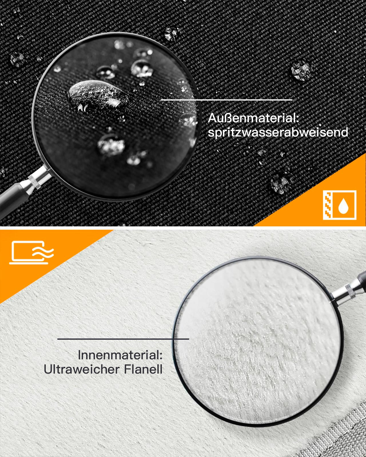 Nahaufnahme von schwarzem Stoff mit Wassertropfen und einer Lupe. Unten wird weißer Stoff vergrößert.