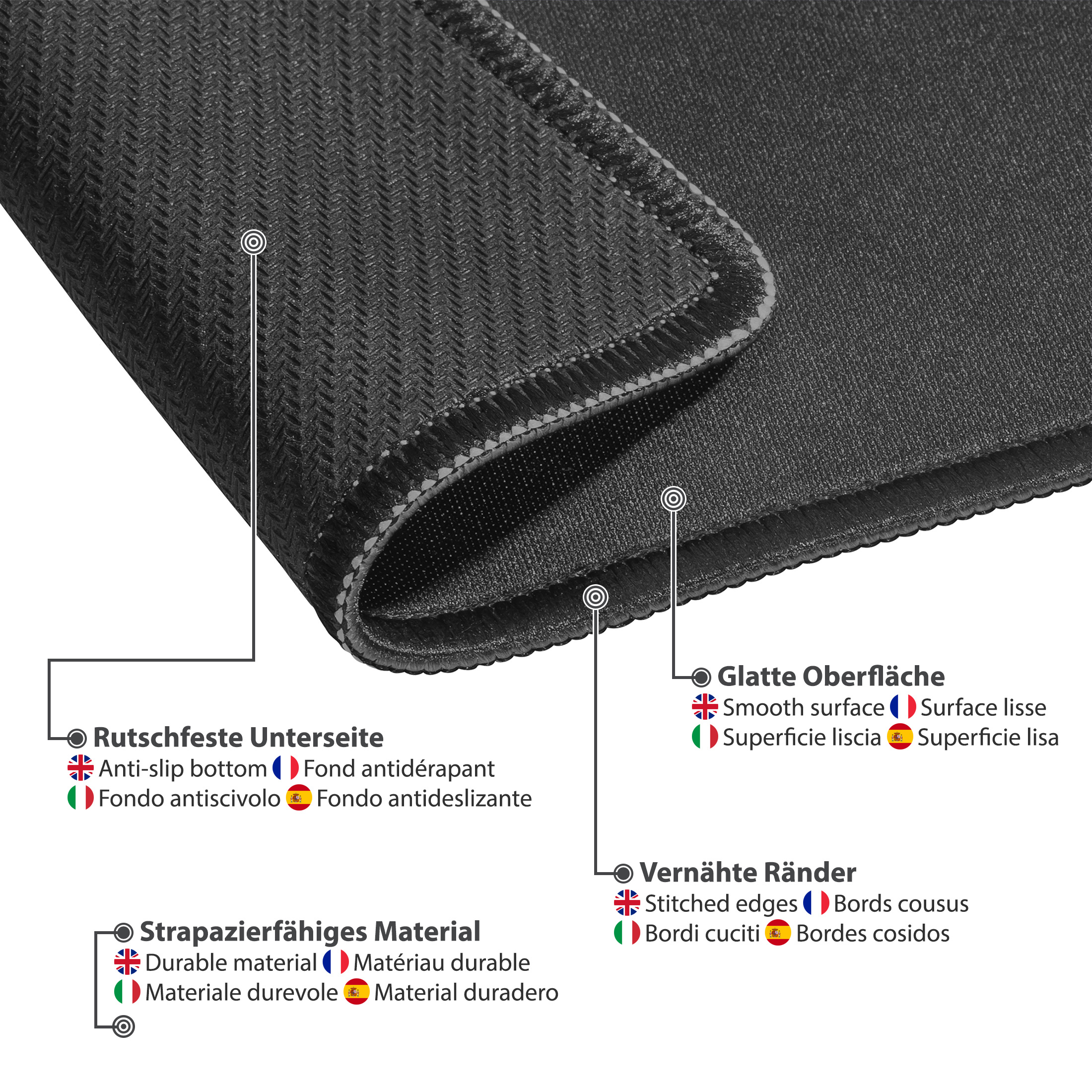 Schwarzes Mauspad mit Text. Zeigt rutschfesten Boden, glatte Oberfläche, strapazierfähiges Material und vernähte Kanten. Verschiedene Sprachen.