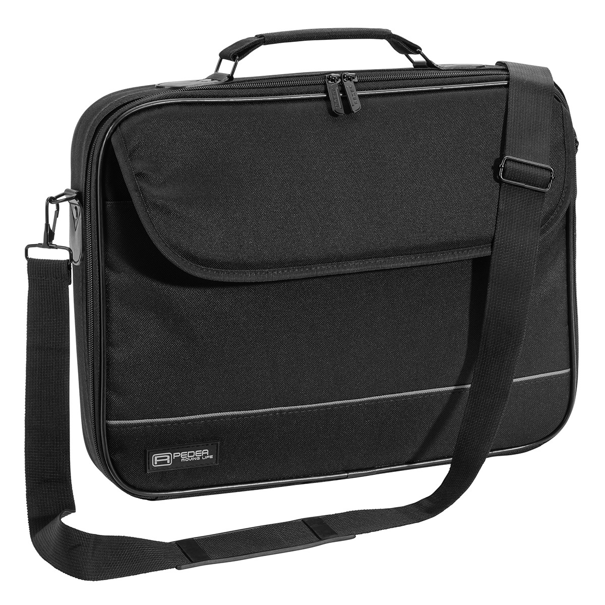 Schwarze Aktentasche mit Griff und Schulterriemen. Die Tasche hat eine Frontklappe und zwei Reißverschlüsse.