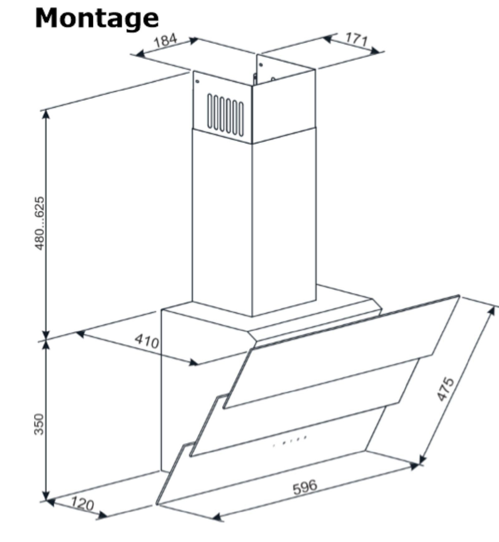 Ein Diagramm einer Dunstabzugshaube, das Abmessungen und Maße für die Installation mit Pfeilen zeigt.