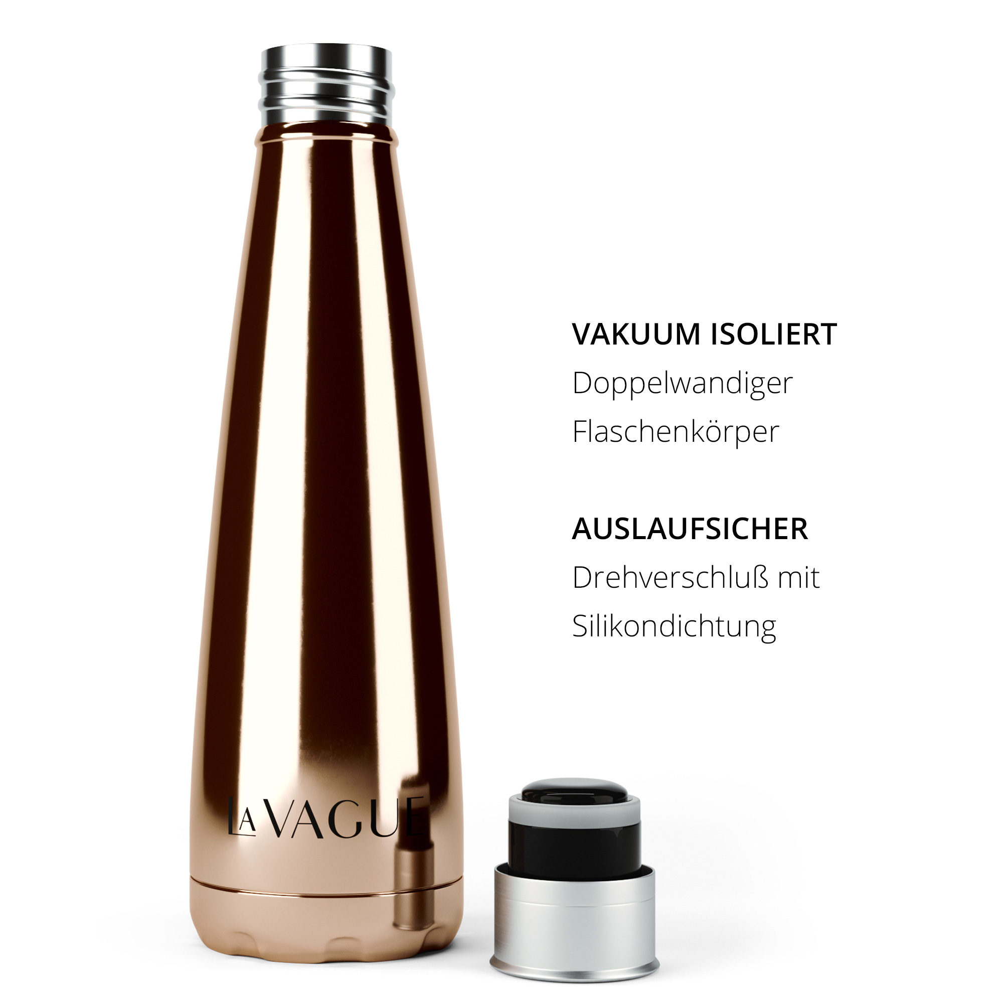 Botella de agua con aislamiento al vacío de oro rosa, con tapa desmontada. Dice: 'AISLADO AL VACÍO' y 'A PRUEBA DE FUGAS'.