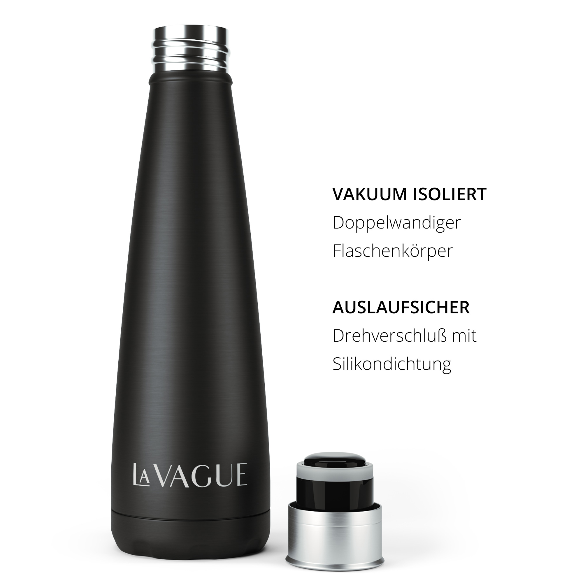 Eine schwarze Wasserflasche mit silbernen Details und Text, der die Eigenschaften der Flasche beschreibt.