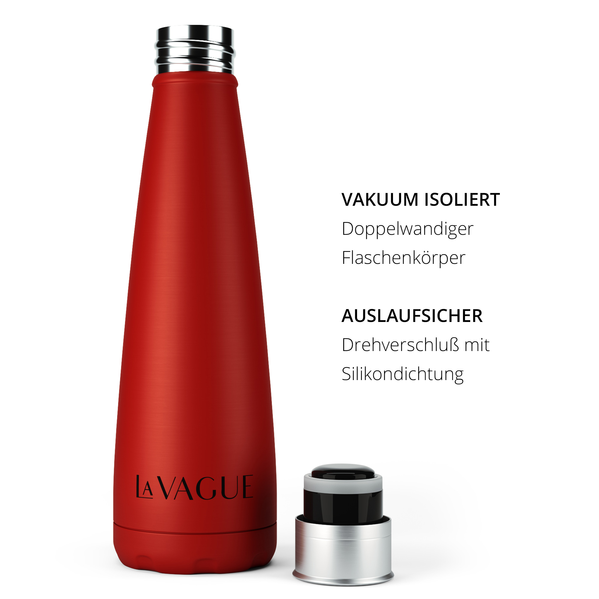 Eine rote Wasserflasche mit schwarzem Deckel. Text rechts beschreibt Eigenschaften: vakuumisoliert, auslaufsicher.