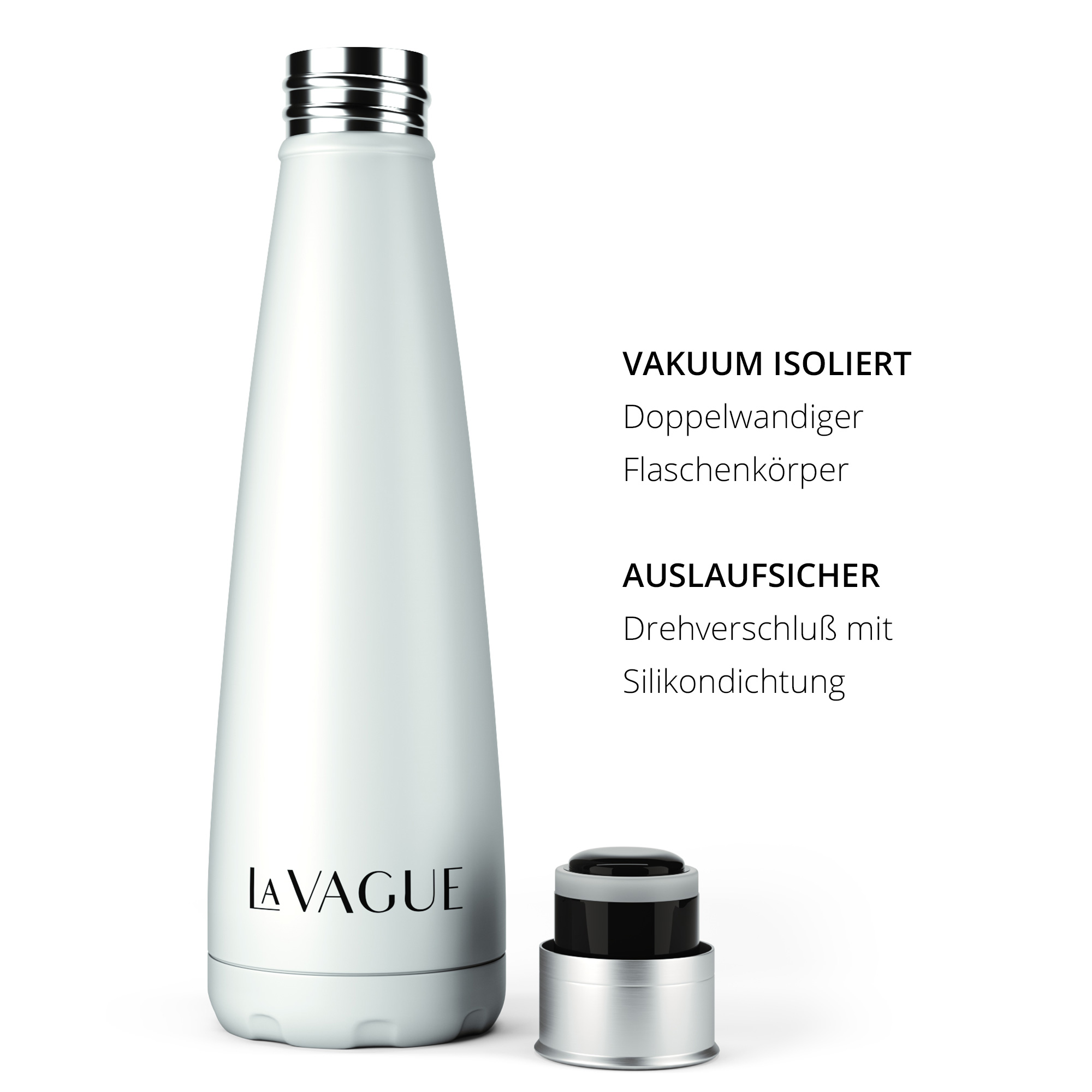 Eine weiße Wasserflasche mit schwarzem Deckel. Text steht LAVAGUE. Text auf der rechten Seite.