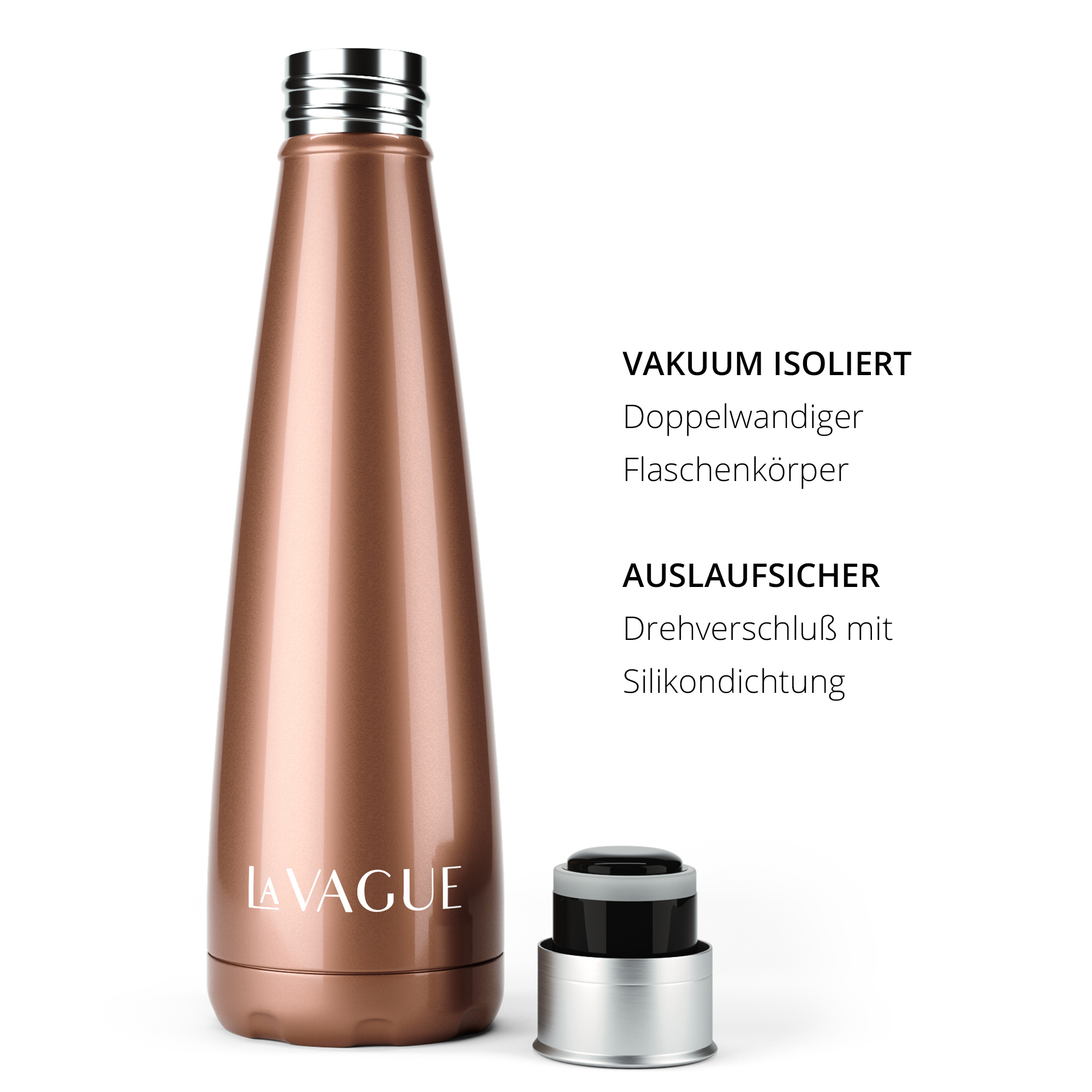 Una botella de agua de color bronce. Tiene una tapa negra, una parte superior plateada y el texto LA VAGUE.