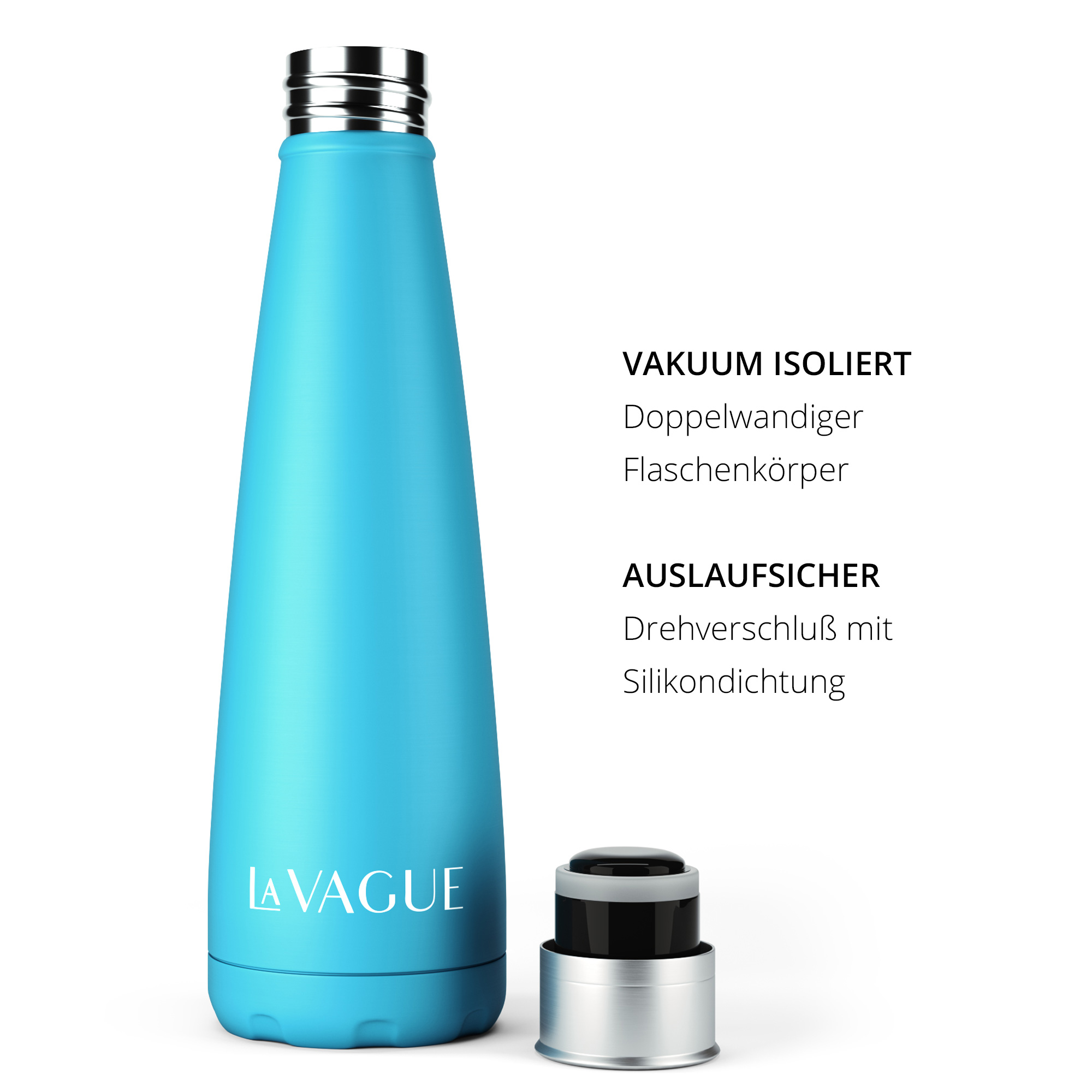 Eine blaue, isolierte Wasserflasche ohne Kappe, die die Eigenschaften der Flasche zeigt.