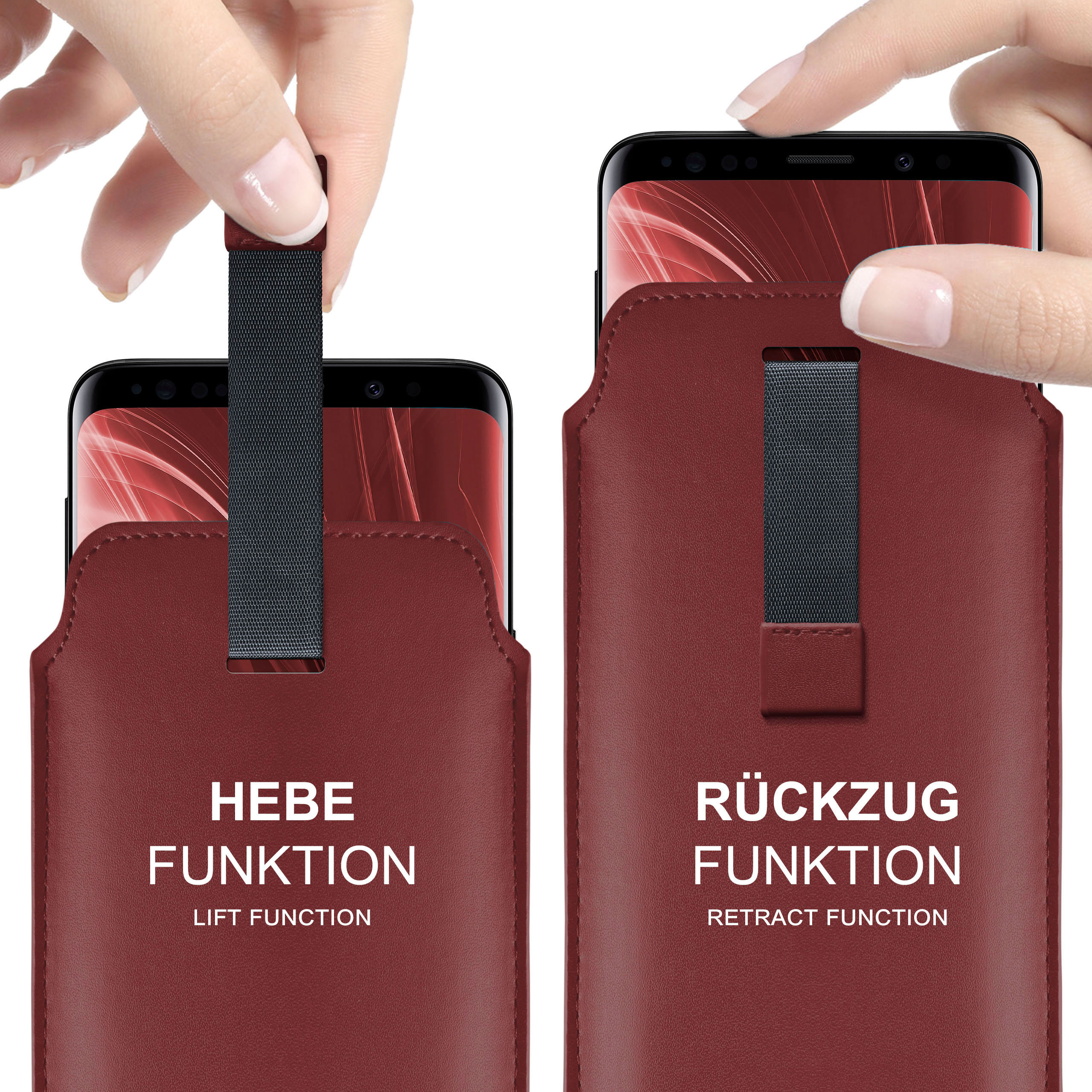 Hände heben Telefone aus roten Handyhüllen. Auf den Hüllen steht 'Lift Function' und 'Retract Function'.