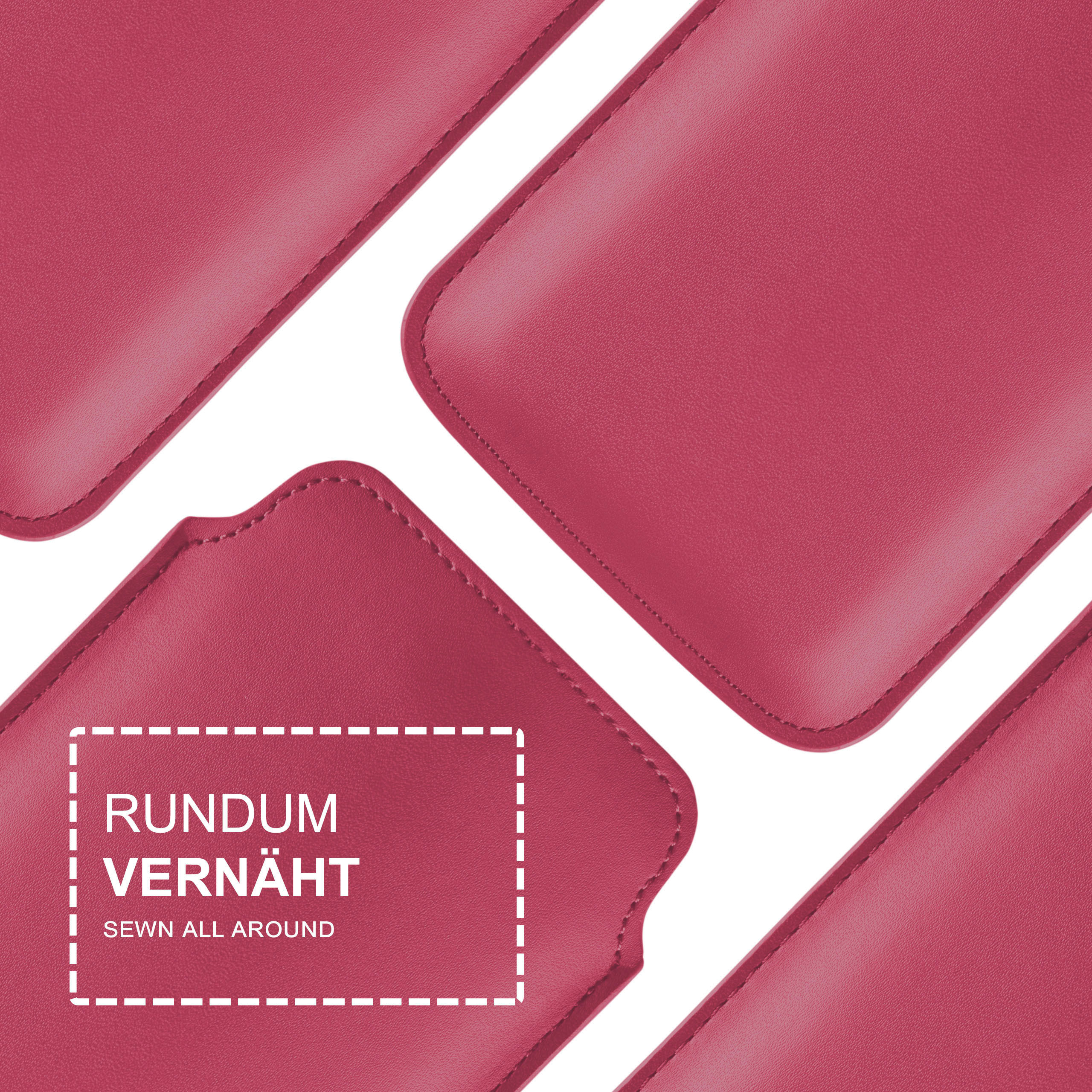 Rotes lederartiges Material mit genähten Kanten, in Nahaufnahme gezeigt. Die Worte „RUNDUM VERNÄHT“ sind sichtbar.