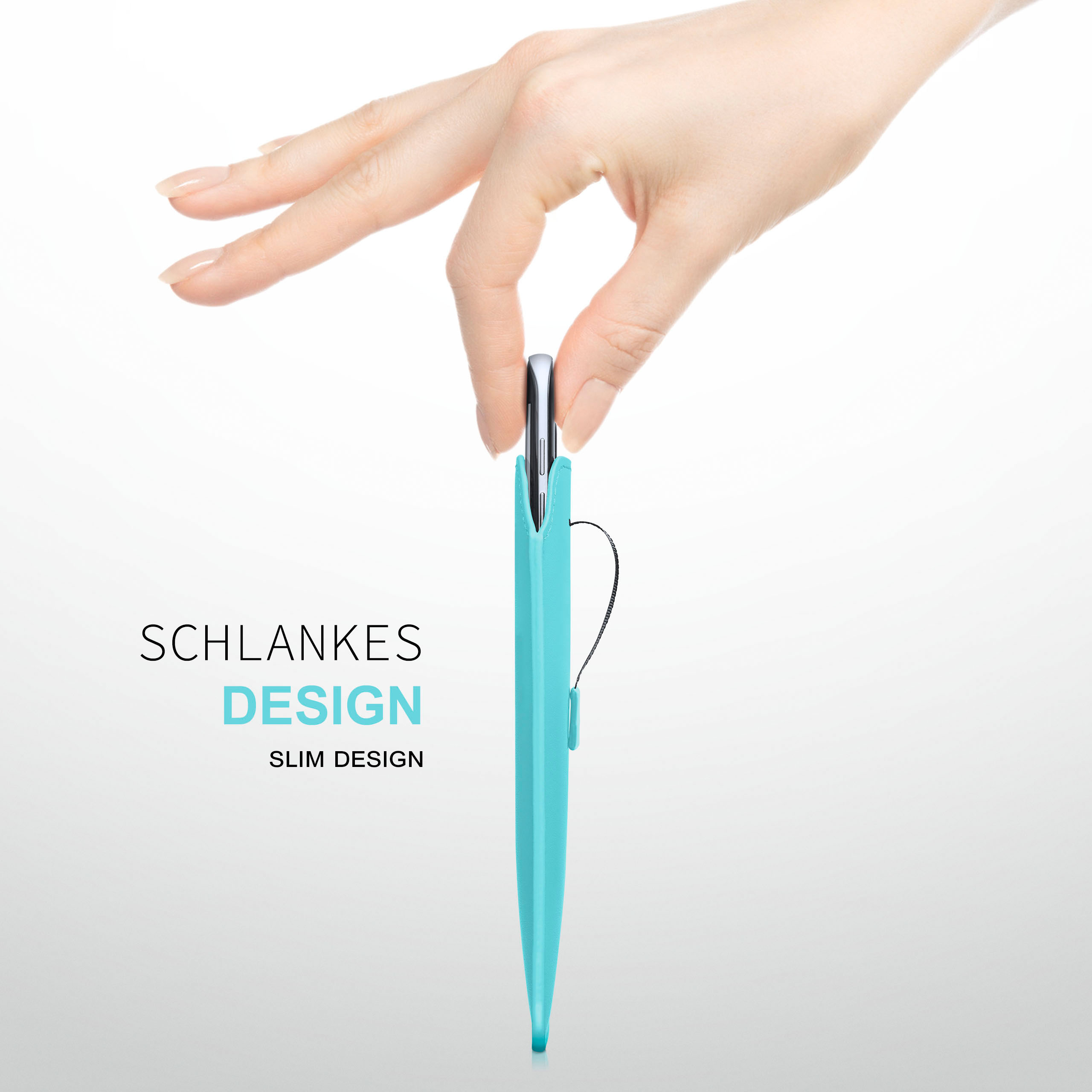 Hand, die einen türkisfarbenen Stift hält, mit den Worten SLIM DESIGN im Hintergrund.
