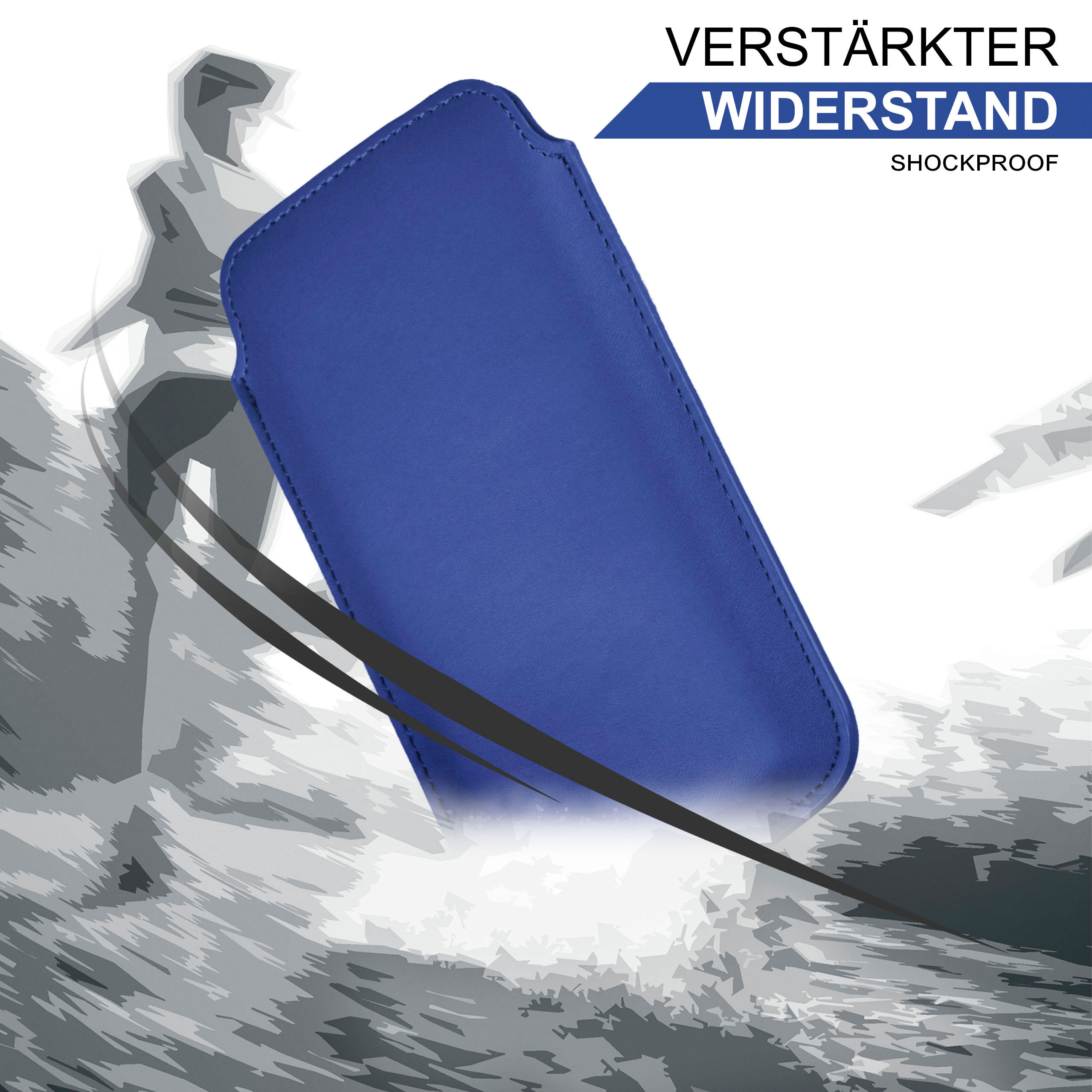 Blaue Handyhülle mit Text, der 'VERSTÄRKTER WIDERSTAND' und 'SHOCKPROOF' sagt, mit dynamischem Wasserspritzer-Hintergrund.