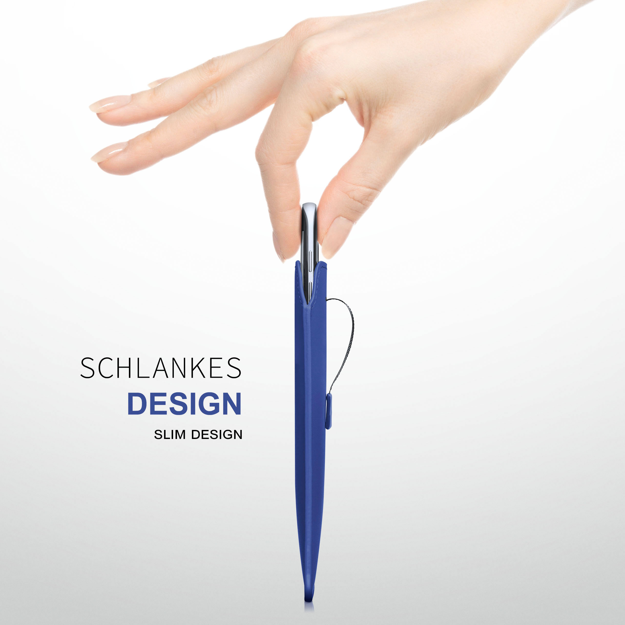 Hand hält eine blaue Handyhülle. Text 'SLIM DESIGN' ist sichtbar.