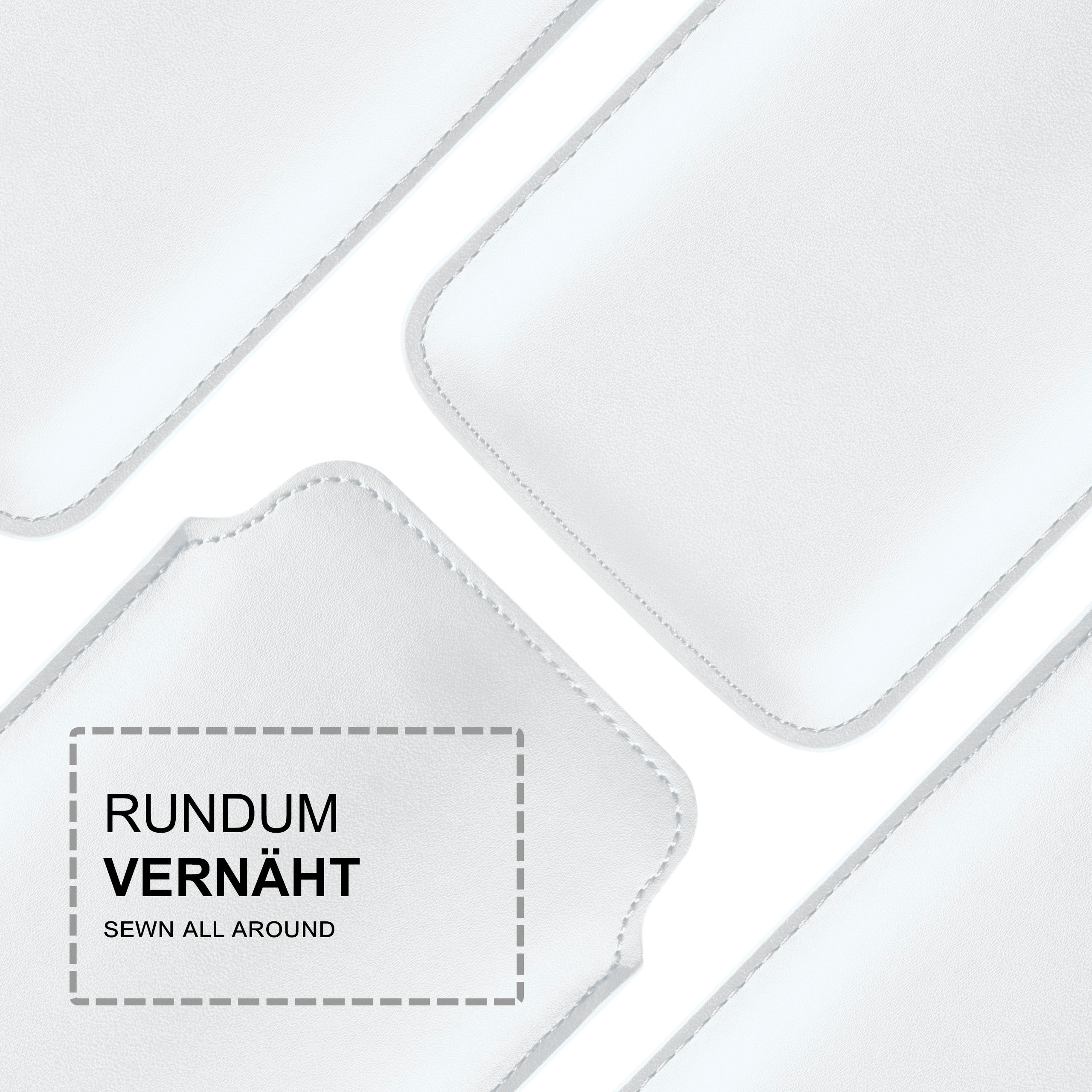 Nahaufnahme von weißen Leder-Handyhüllen. Text 'Rundum vernäht' sichtbar. Weißer Hintergrund.