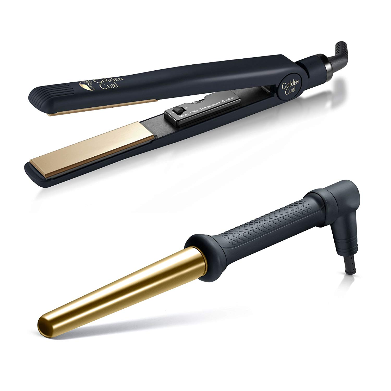 Zwei Haarstyling-Tools, ein Glätteisen und ein Lockenstab, beide schwarz und gold.