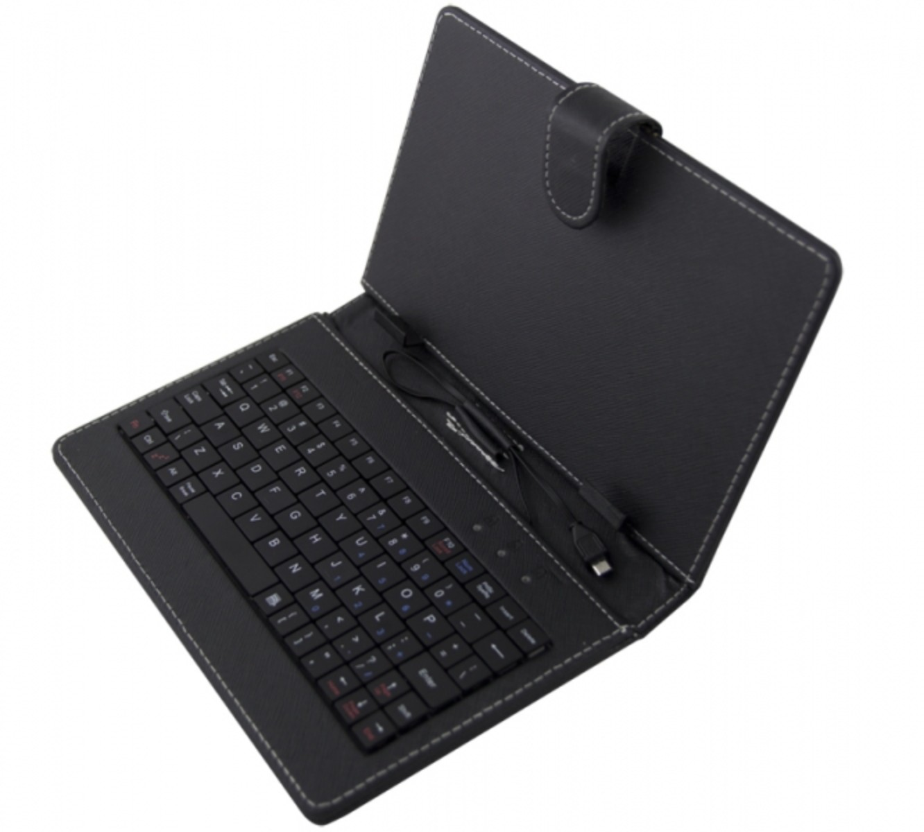 Schwarze Tablethülle mit Tastatur. Geöffnet, Tastatur sichtbar.