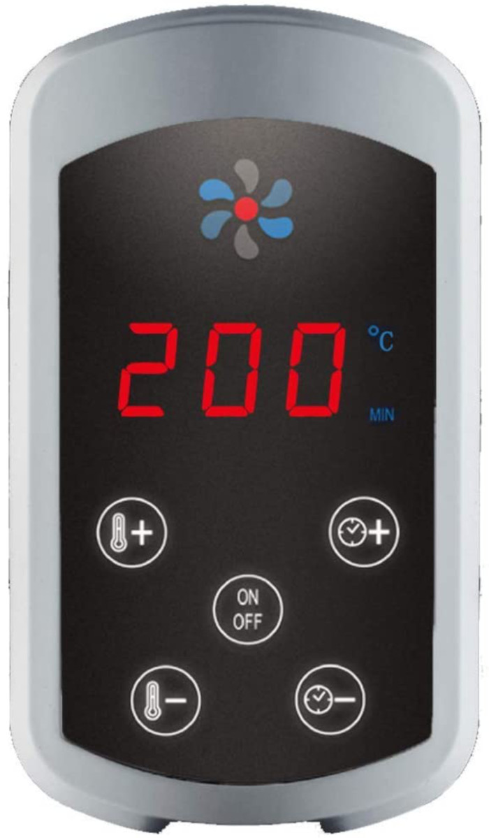 Digitales Bedienfeld mit Tasten und Anzeige. Zeigt 200 Grad Celsius an. Hat Temperatur- und Timer-Steuerung.