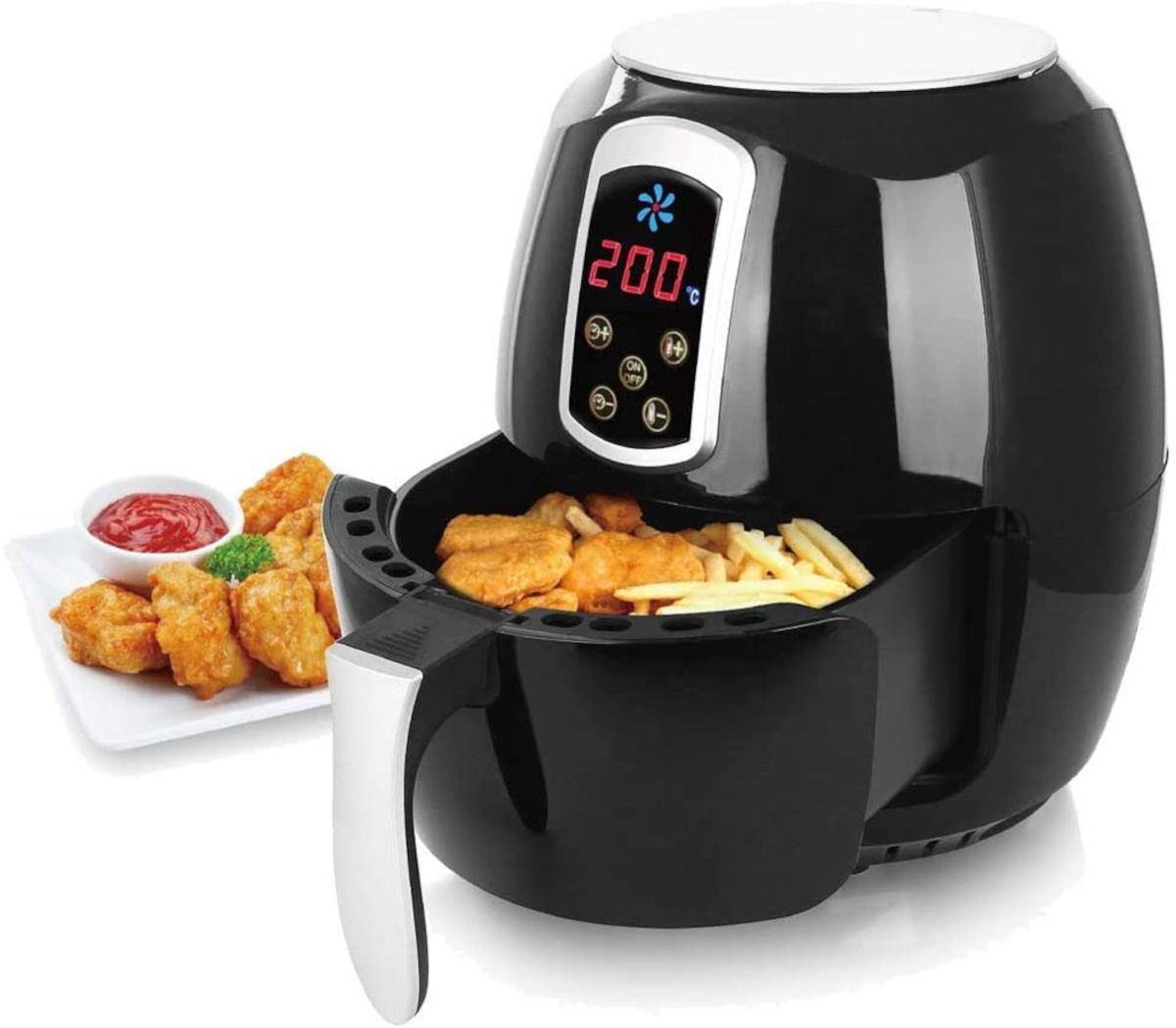 Schwarze Heißluftfritteuse mit Essen, gebratene Nuggets und rote Sauce.
