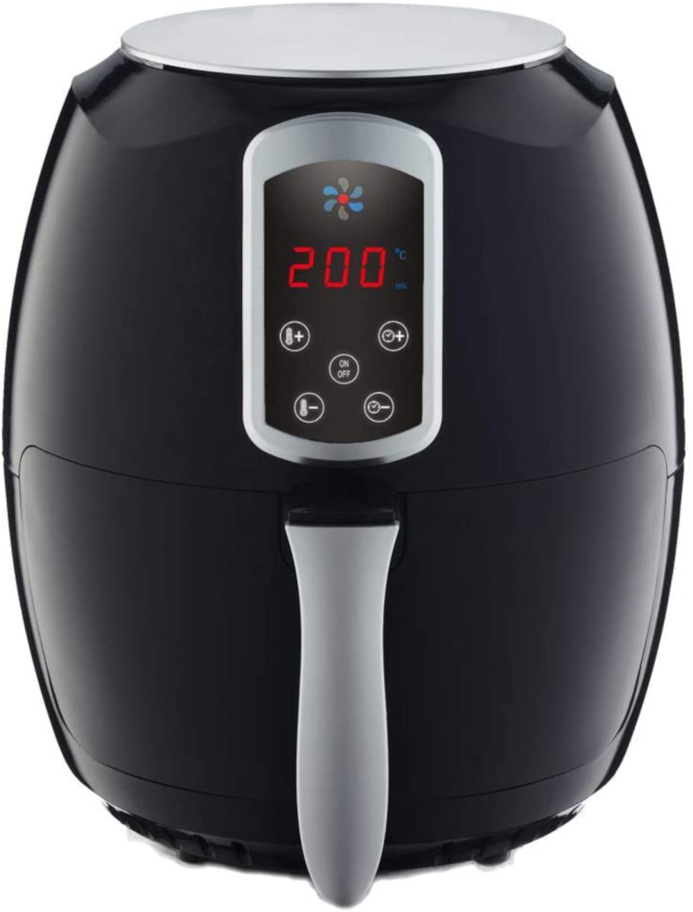 Schwarze Heißluftfritteuse mit Digitalanzeige, Temperatur- und Zeitreglern.