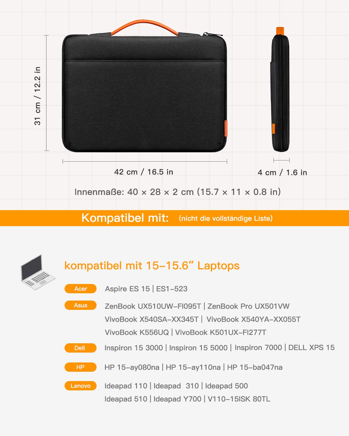 Schwarze Laptoptasche mit orangefarbenem Griff. Zeigt Maße: 42cm x 31cm x 4cm. Text listet kompatible Laptops.