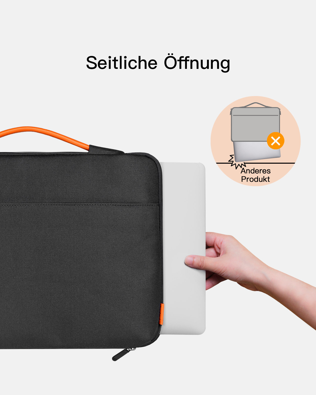 Laptop wird in eine schwarze Hülle gesteckt. Text: Seitliche Öffnung, ein anderes Produkt gezeigt.
