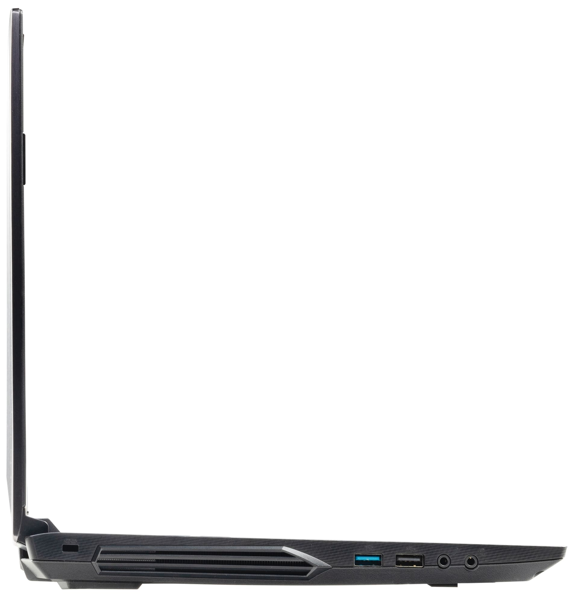 Seitenansicht eines schwarzen Laptops. Dünn, mit Anschlüssen. Weißer Hintergrund.