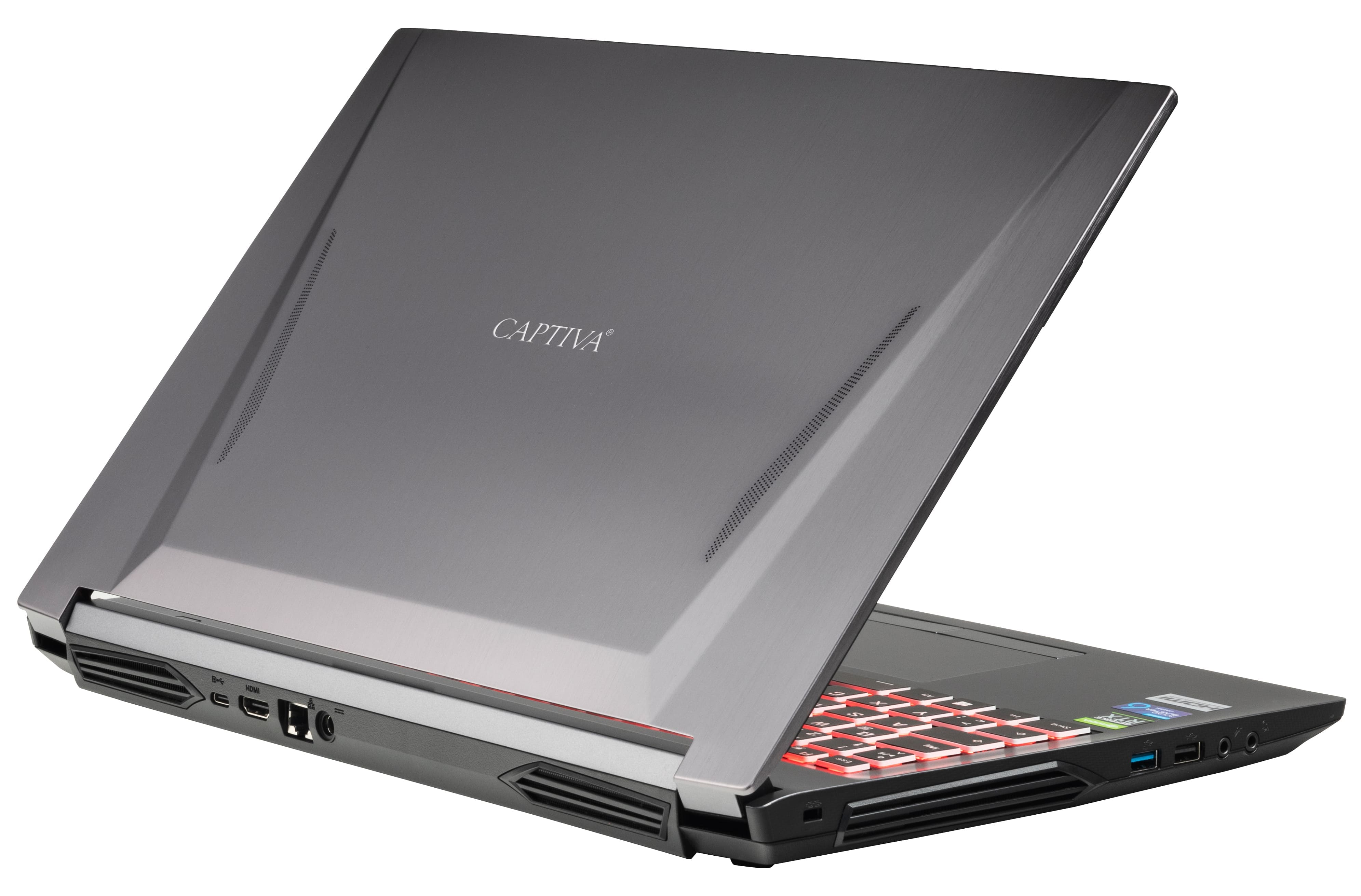 Grauer Laptop mit geöffnetem Deckel, die Rückseite ist sichtbar mit dem Wort 'CAPTIVA'.