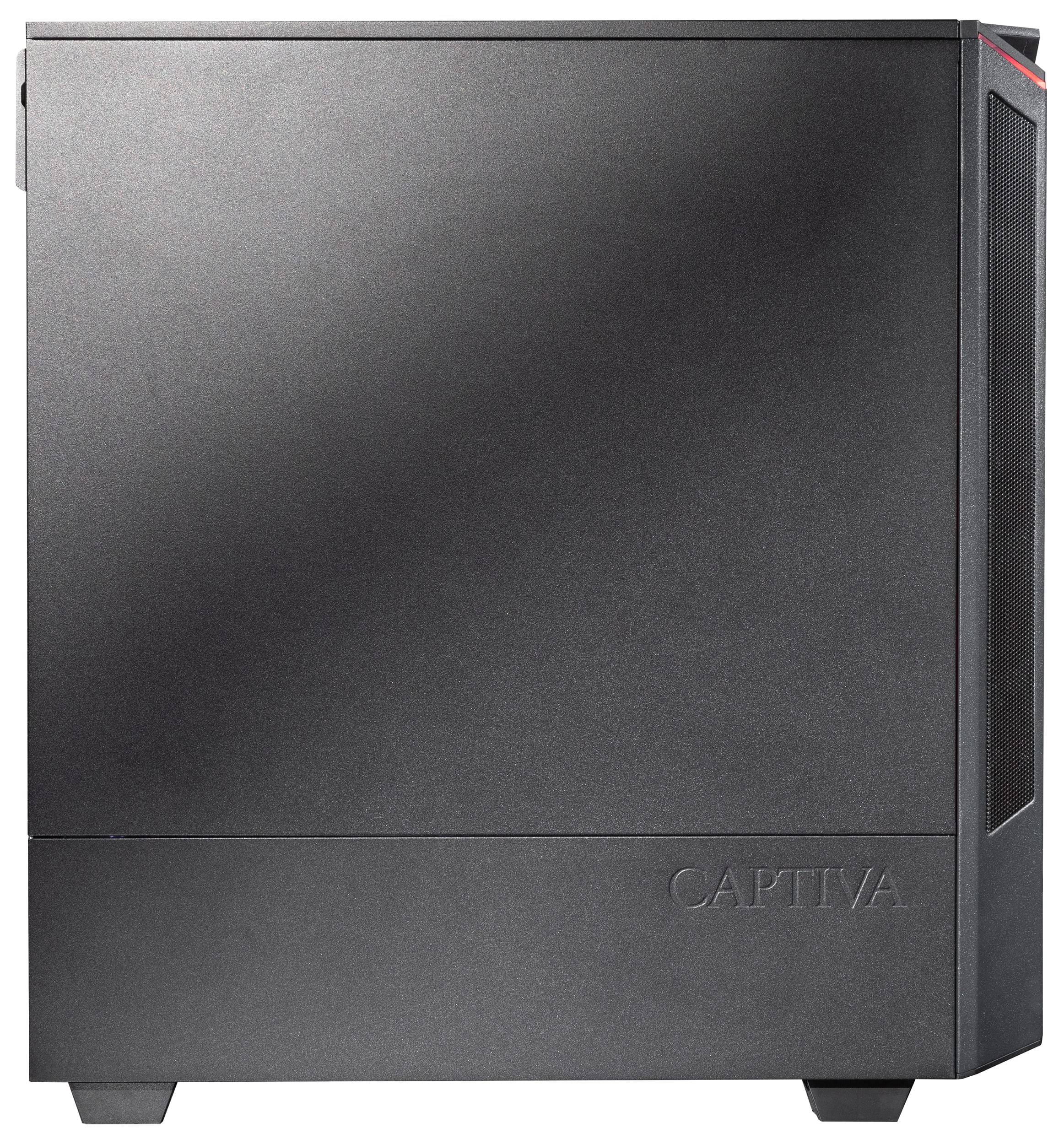 Zwarte desktop computerkast. De voorkant is effen, met het woord CAPTIVA onderaan in grijs.