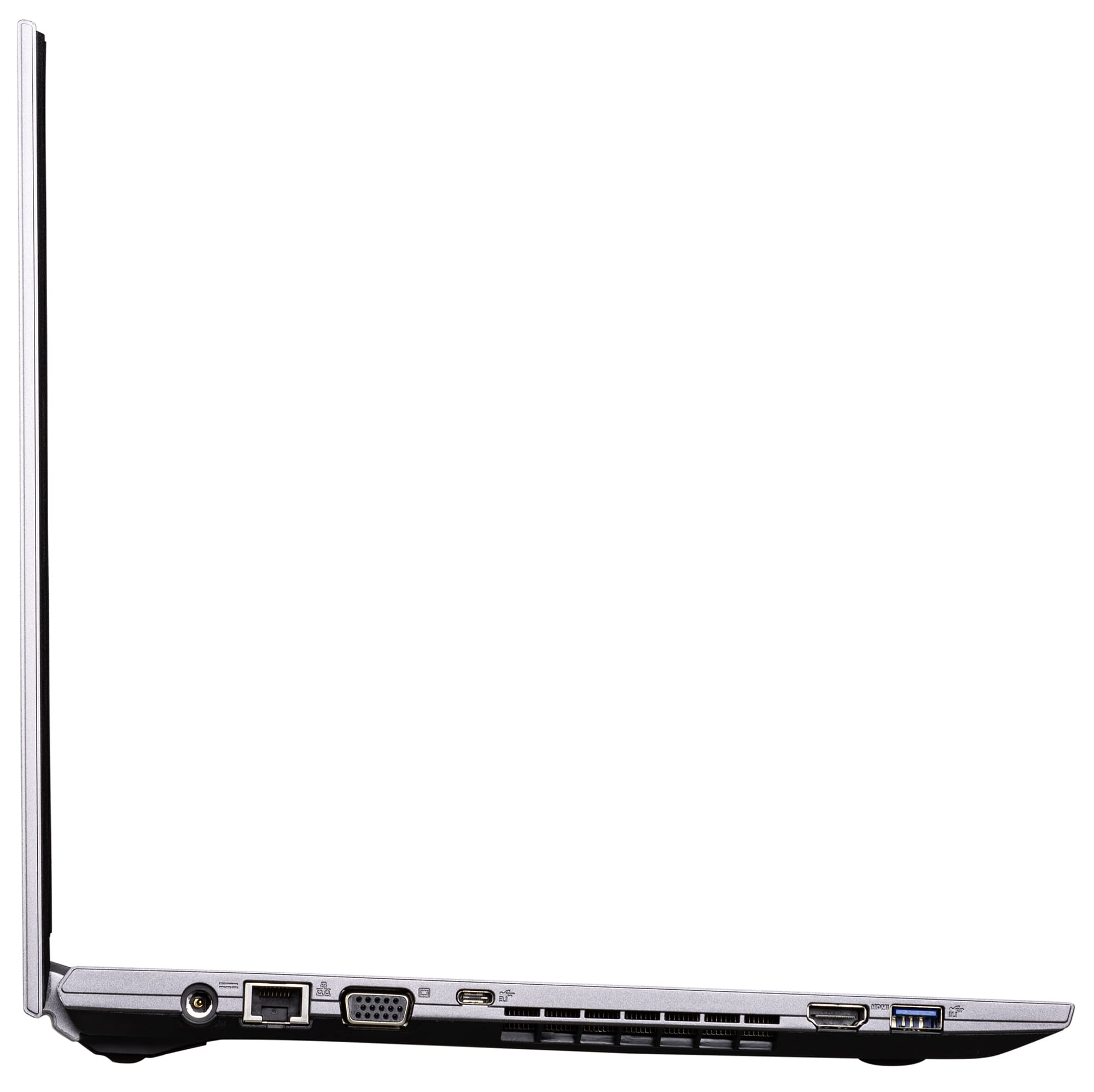 Seitenansicht eines silbernen Laptops, mit Anschlüssen und Verbindungen an der Seite sichtbar.