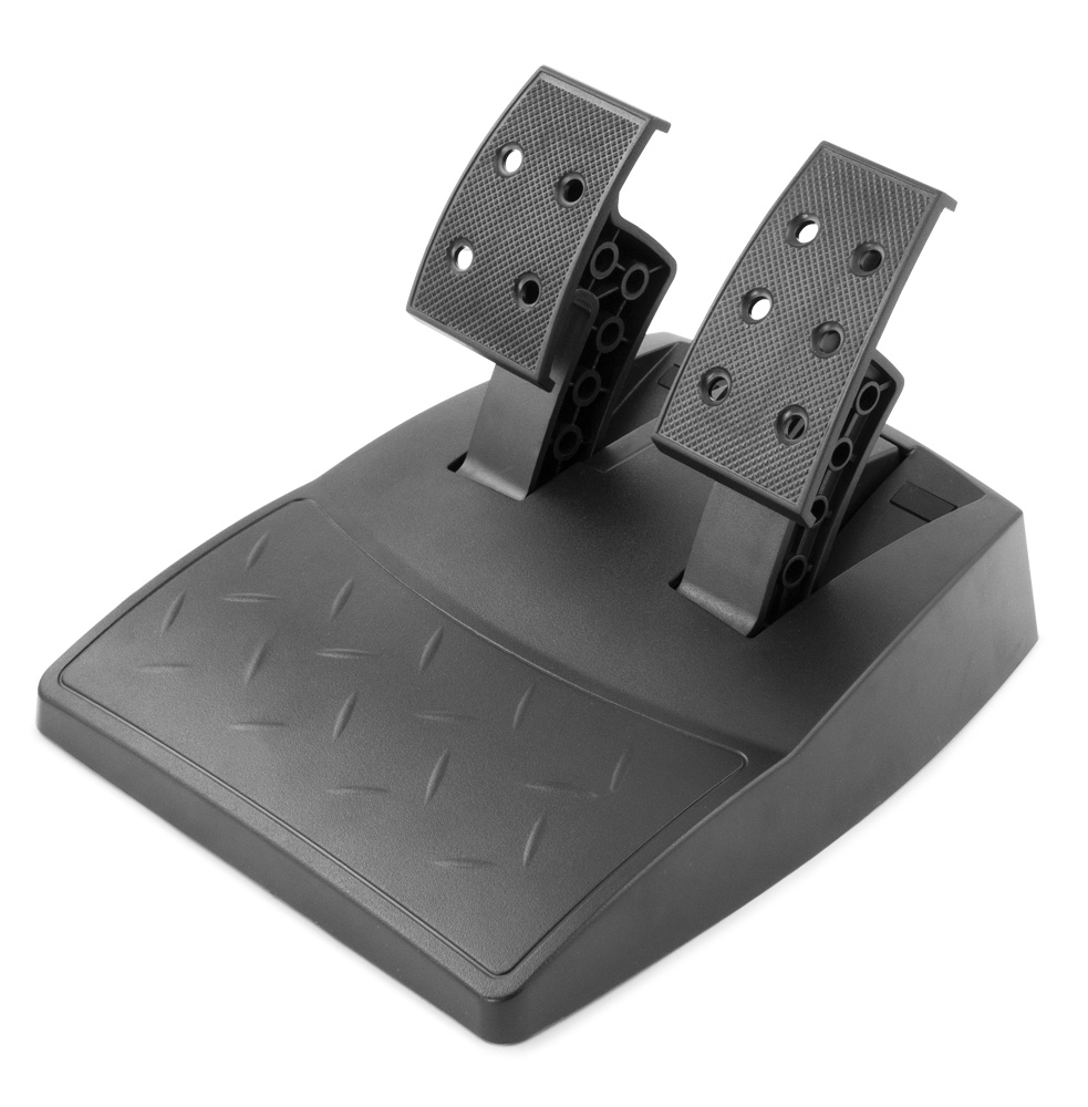 Schwarze Rennspielpedale auf schwarzer Basis, nach oben abgewinkelt.