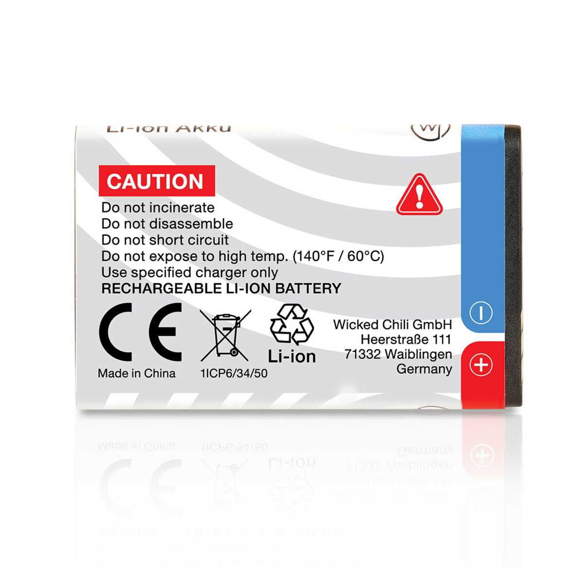Akku mit Warnhinweisen. Text beinhaltet: 'CAUTION', 'RECHARGEABLE LI-ION BATTERY' und Sicherheitssymbole.
