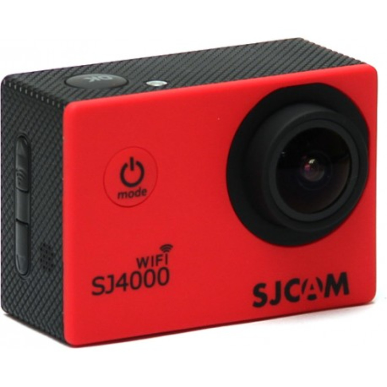 Action cam rossa con dettagli neri. Logo SJCAM e pulsante di accensione. Sfondo bianco.