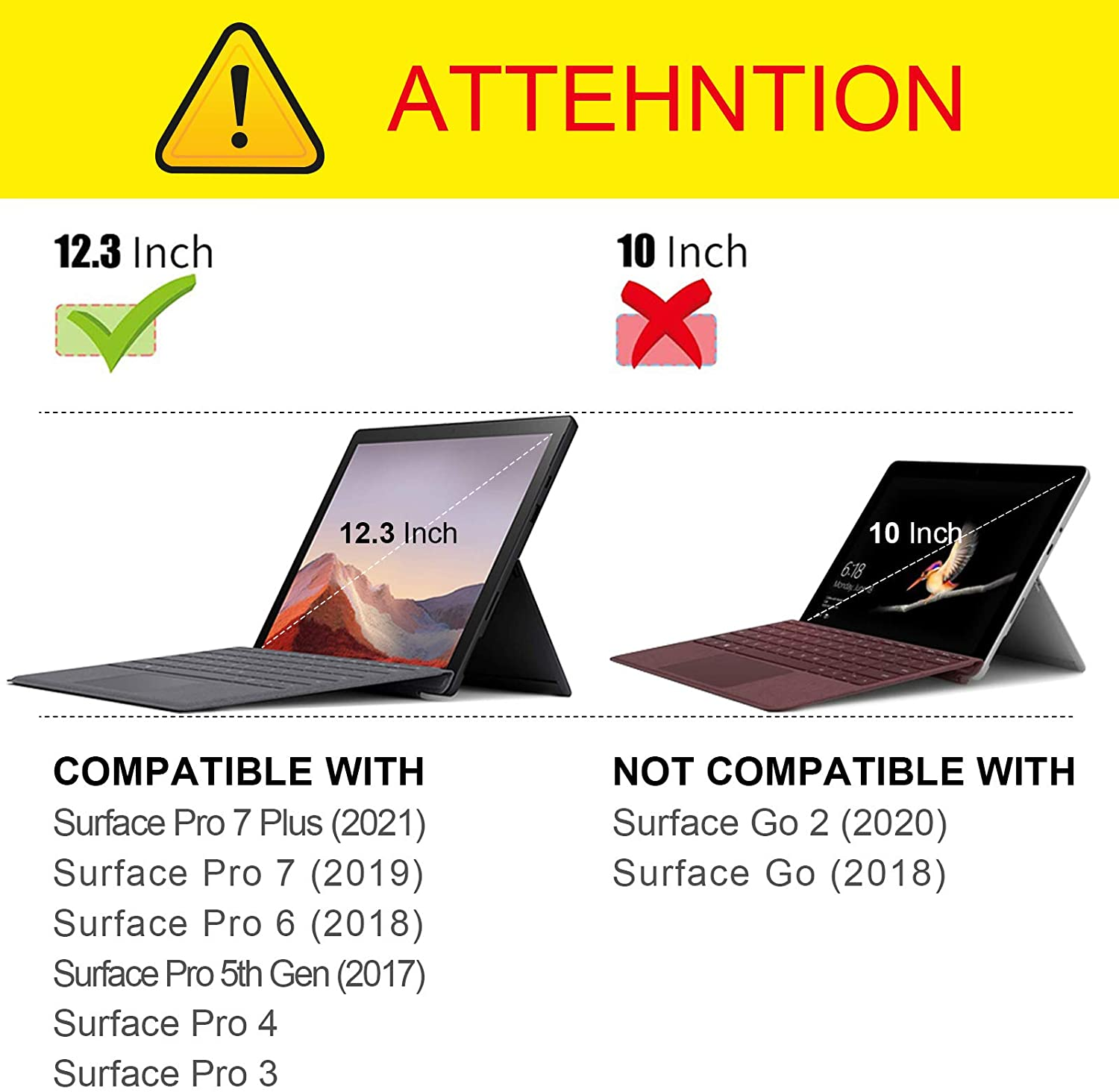 Zwei Laptops, einer sagt kompatibel, der andere nicht kompatibel. Text erklärt Größe und Modelle.