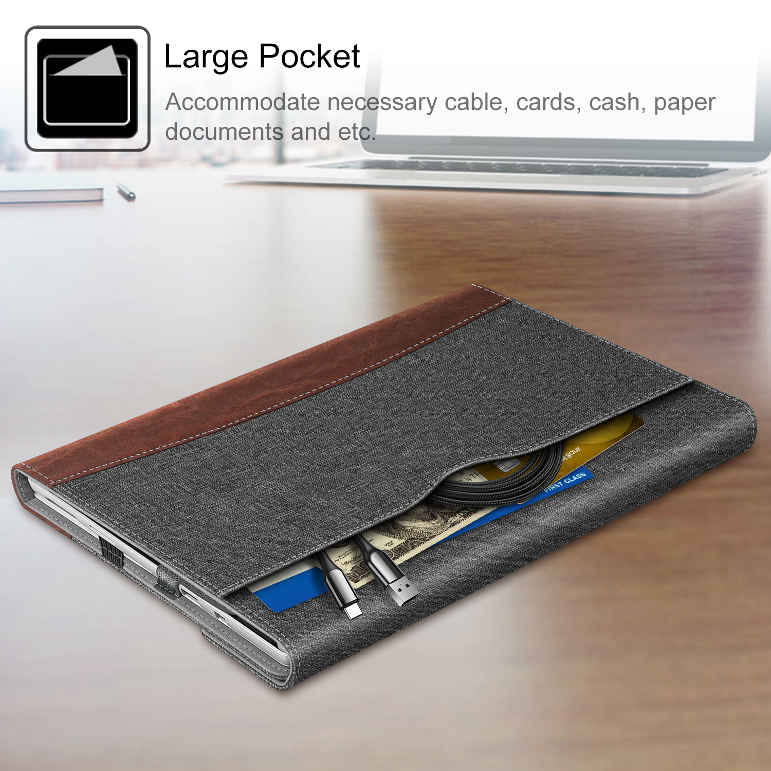 Tablet in einer Hülle. Es hat eine große Tasche. Die Hülle ist braun und grau.
