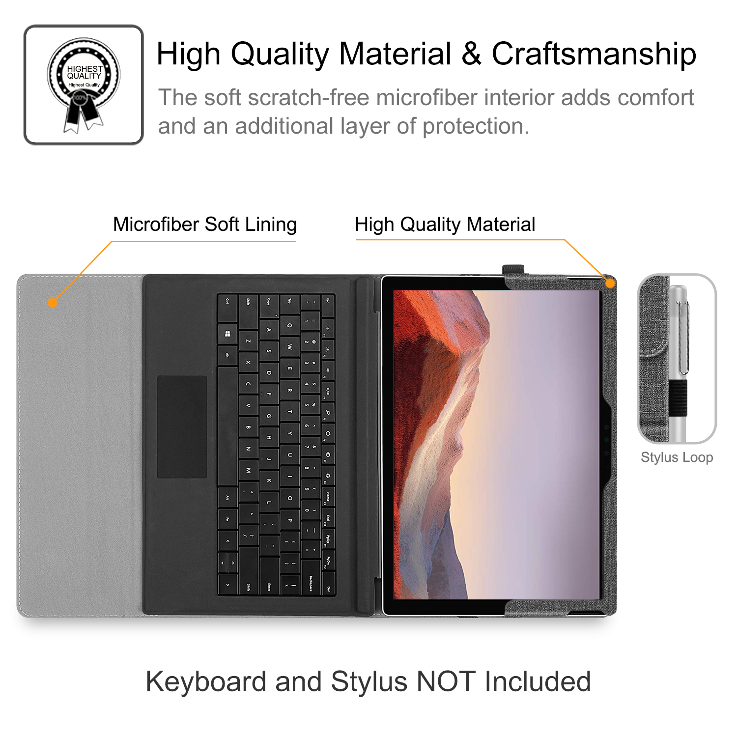 Tablet-Hülle mit Tastatur und Stiftschlaufe, mit Text: 'Hochwertiges Material & Verarbeitung'.