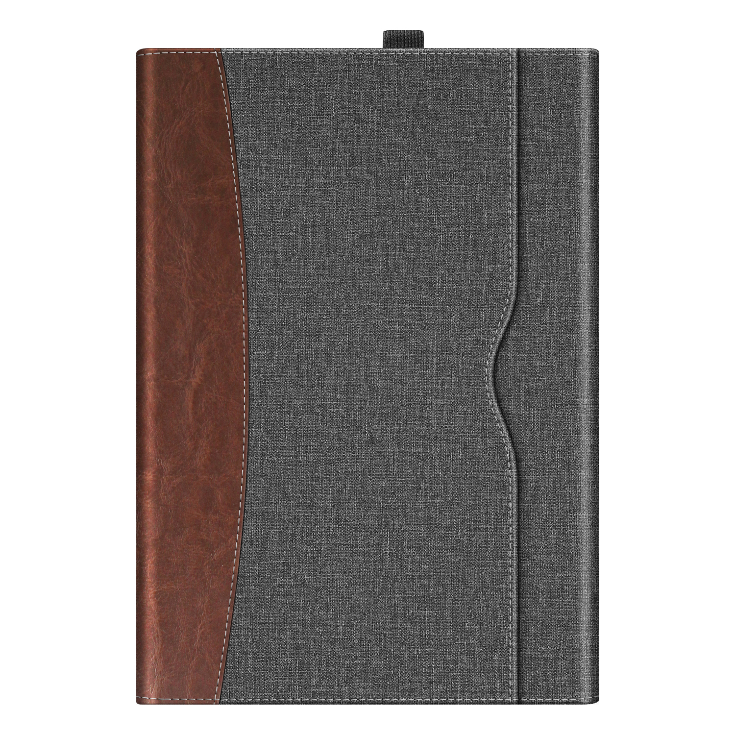 Tablet-Hülle geschlossen, braunes Leder und grauer Stoffbezug. Auf weißem Hintergrund.
