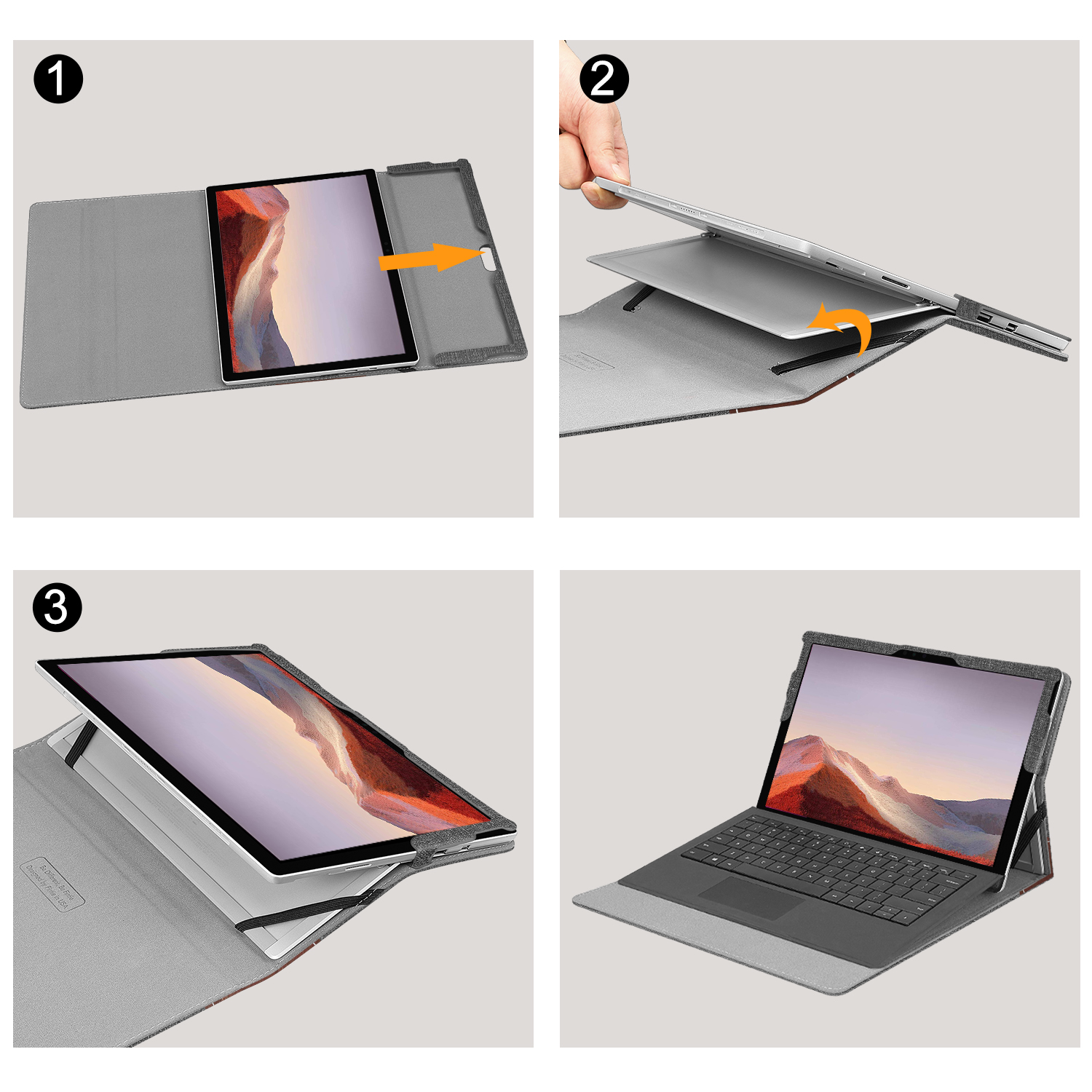 Drei Bilder, die zeigen, wie ein Tablet in eine Hülle eingesetzt wird.