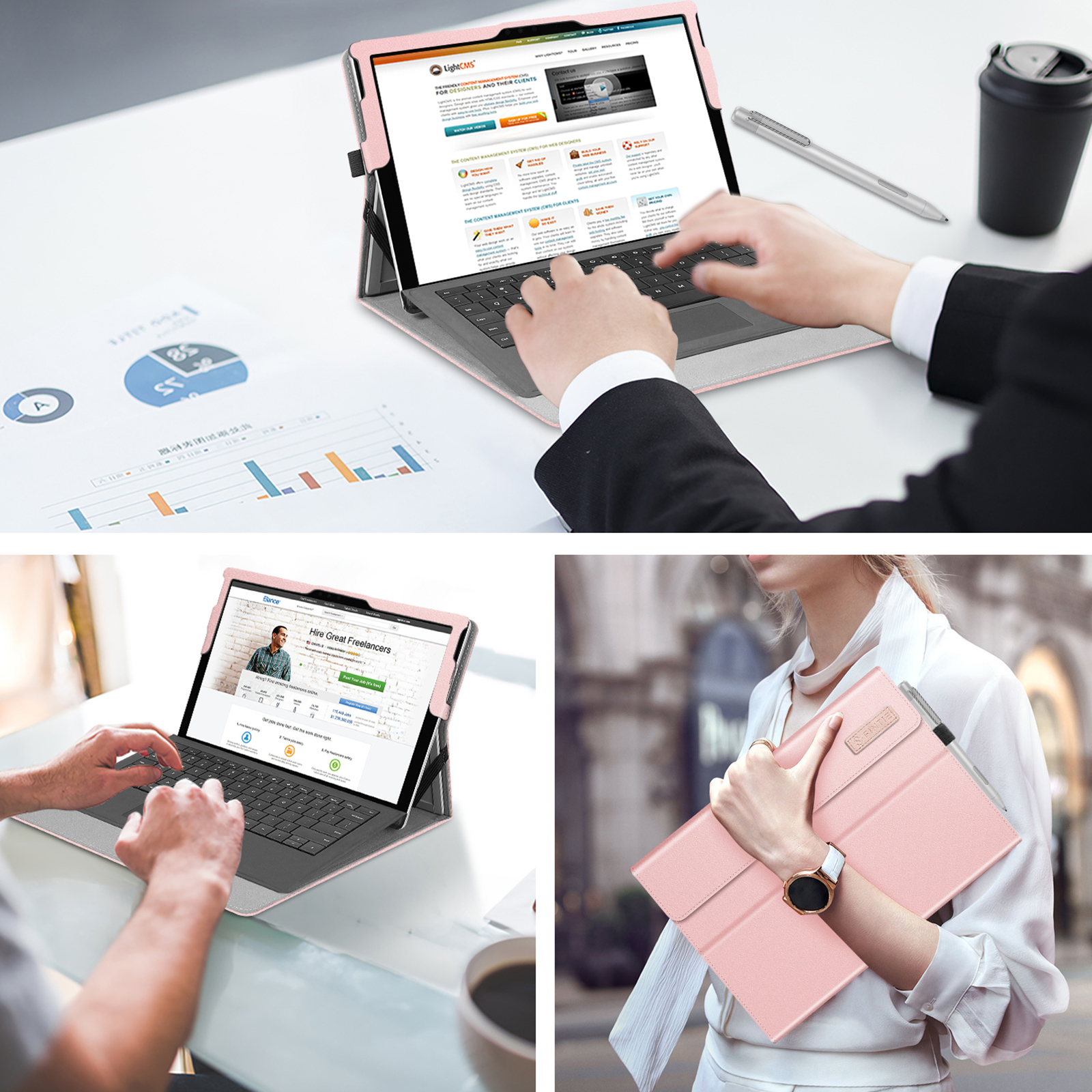 Mehrere Ansichten eines Laptops in einem rosa Gehäuse, verwendet in Arbeitsumgebungen.