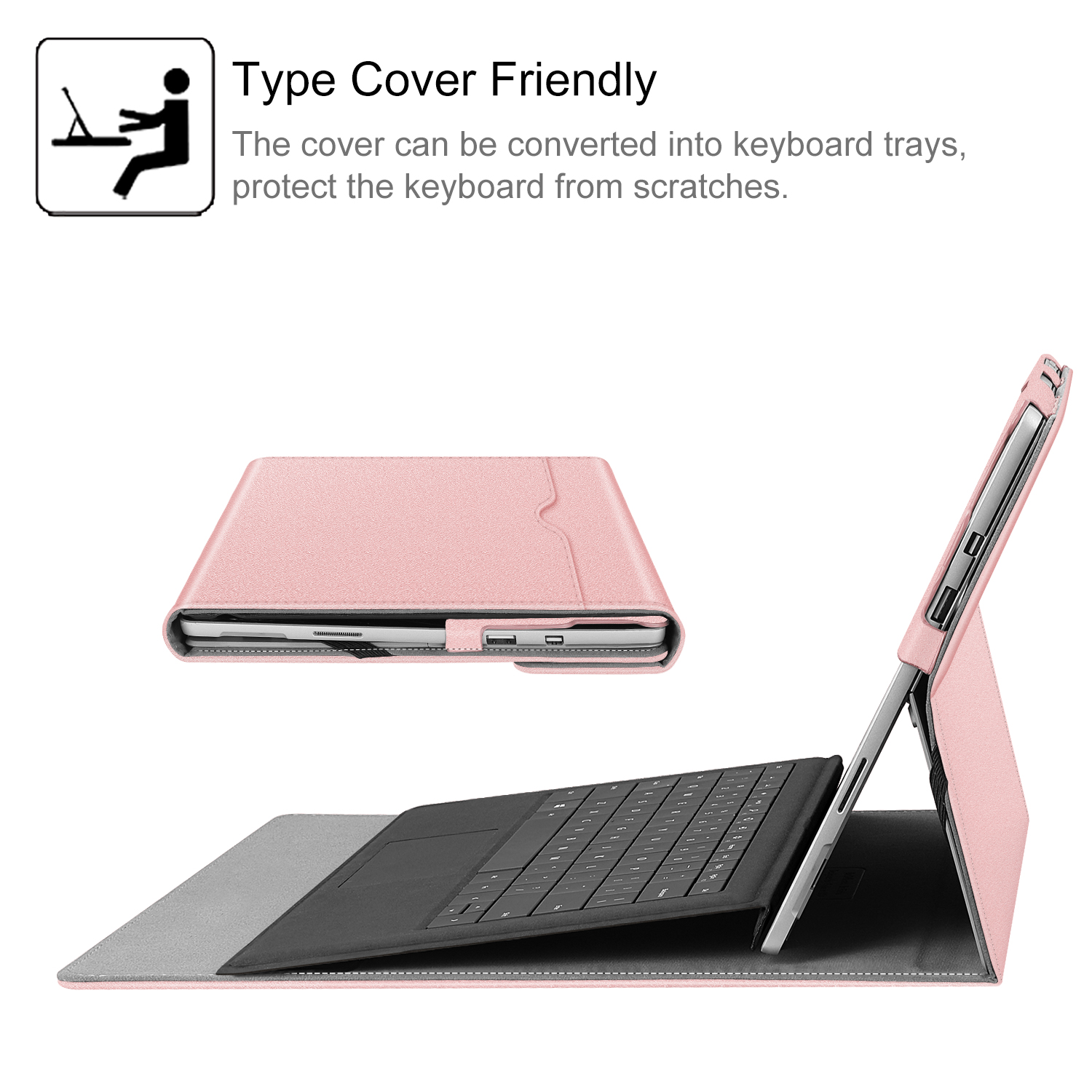 Rosa Tablethülle mit Tastatur. Der Text lautet: 'Type Cover Friendly'. Es kann zu einem Ständer gefaltet werden.