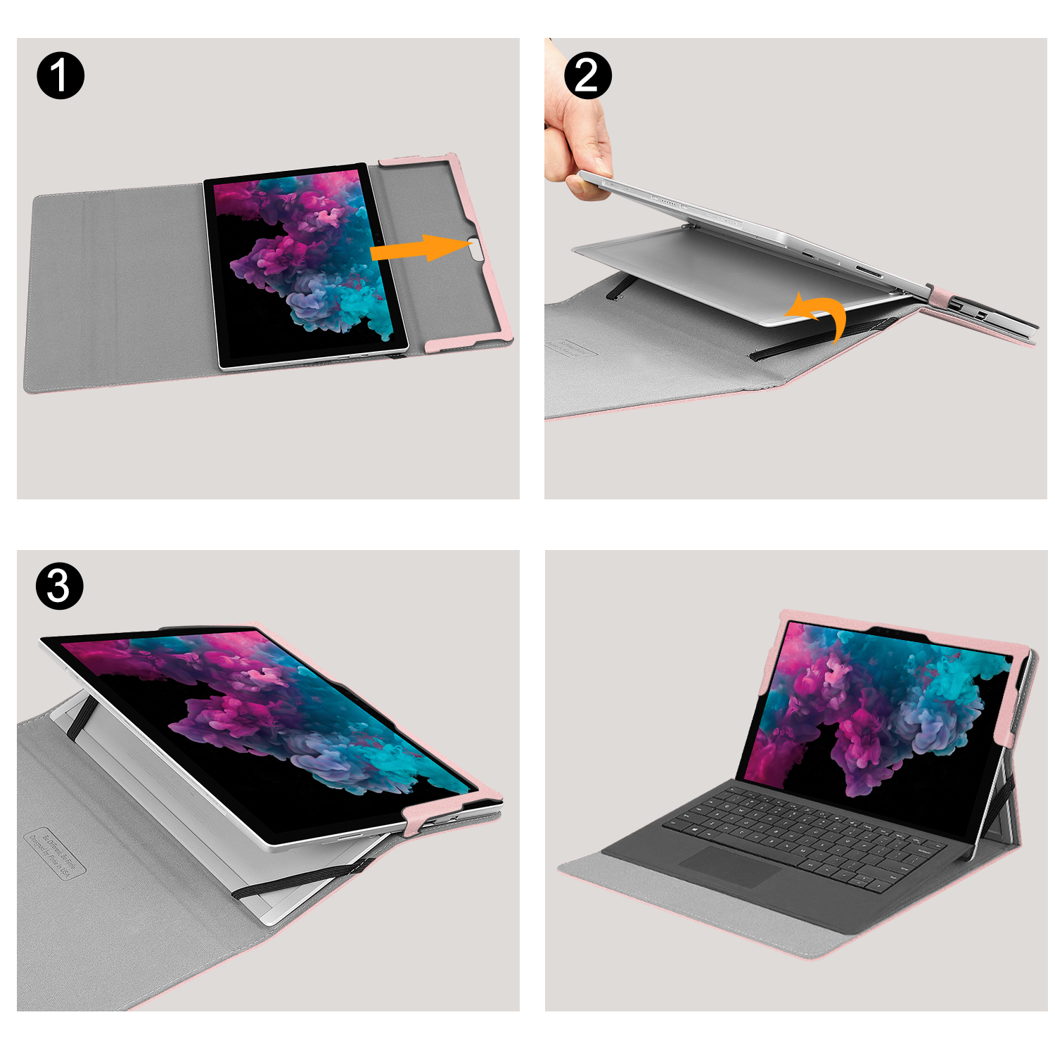 Ein Tablet wird in eine rosa Hülle eingesetzt und dann geöffnet.
