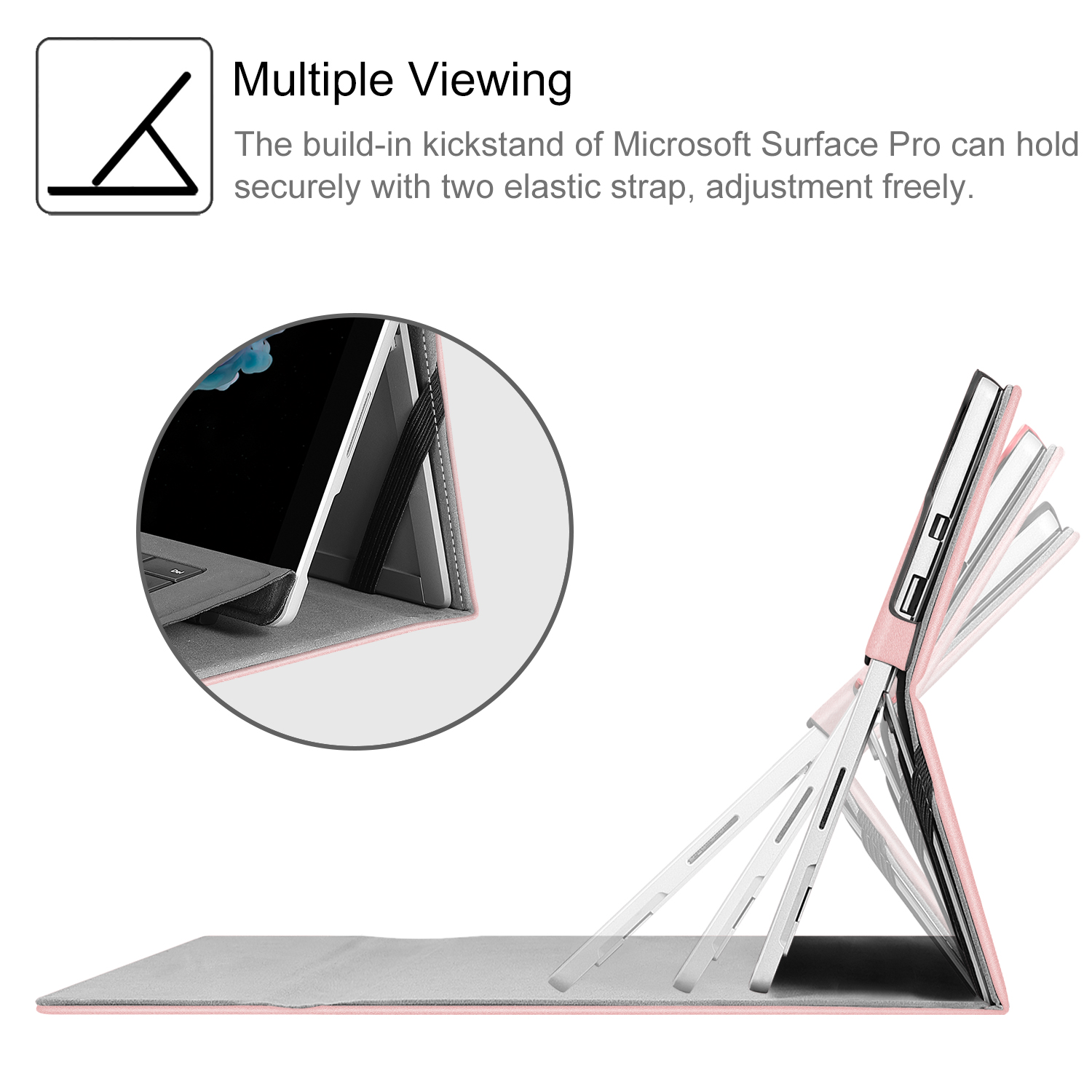 Eine Tablet-Hülle mit mehreren Betrachtungswinkeln, die Hülle ist rosa und grau. Der Text lautet 'Multiple Viewing'.