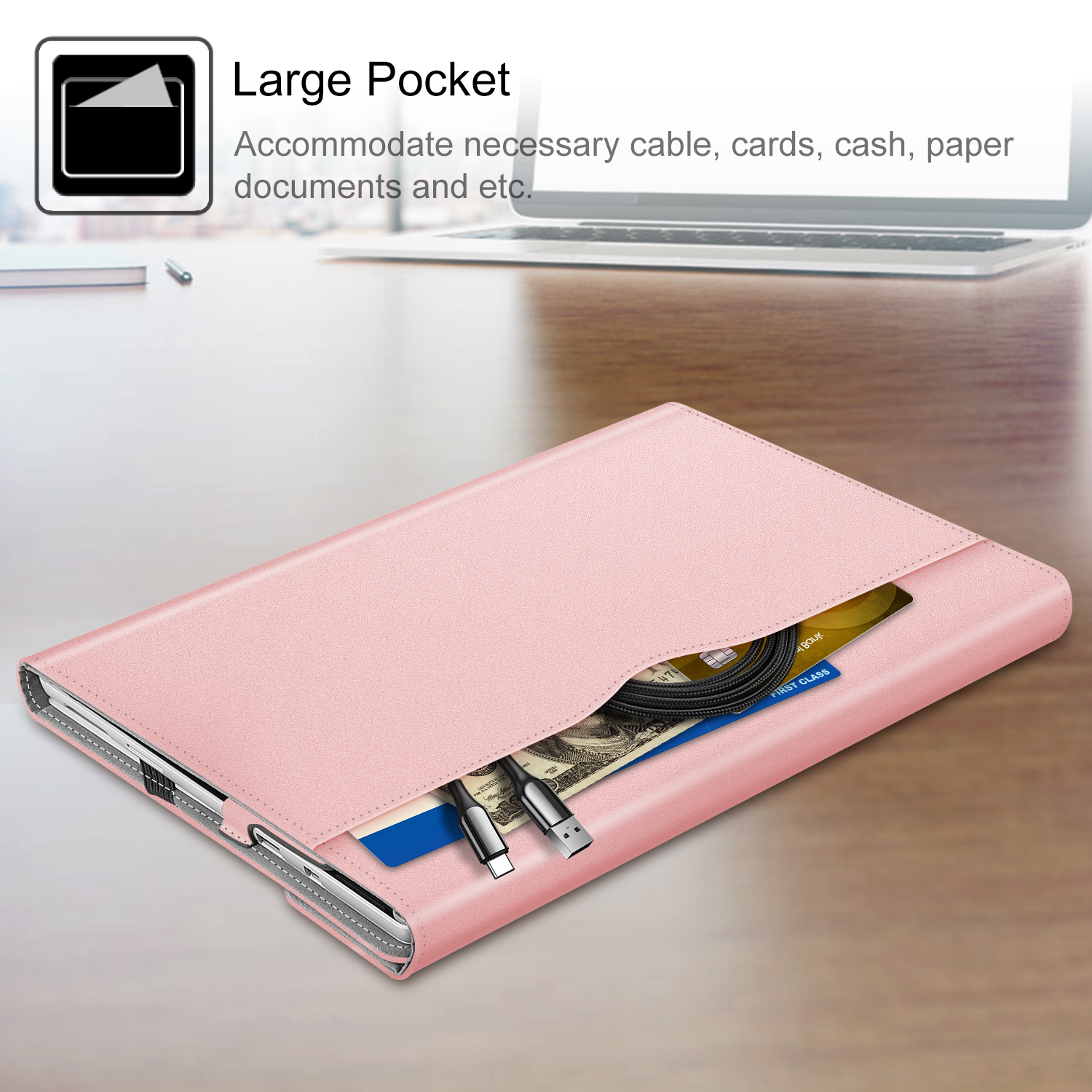 Rosa Tablethülle mit Tasche, die Karten, ein Kabel und ein USB-Kabel enthält, auf einem Schreibtisch.