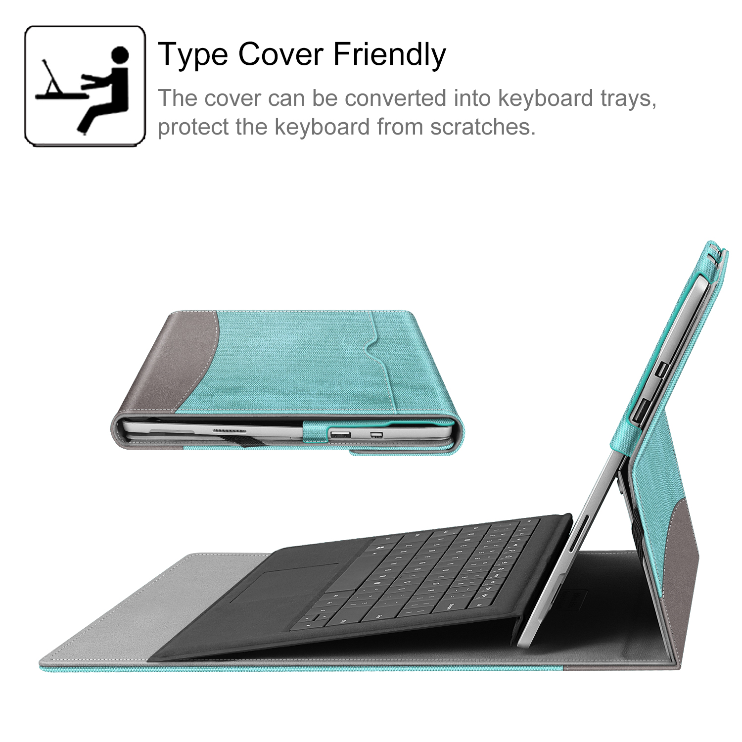 Ein türkis-graues Case, das ein Tablet mit Tastatur unterstützt. Ein Symbol für eine Person, die an einem Laptop arbeitet, wird gezeigt.